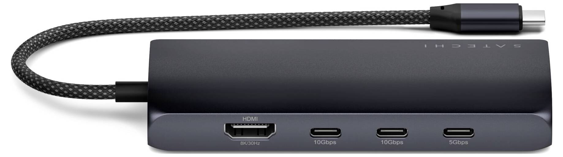 Czarny hub USB-C z wyjściem HDMI i dwoma portami USB-C, przeznaczony do podłączenia wielu urządzeń do laptopa.