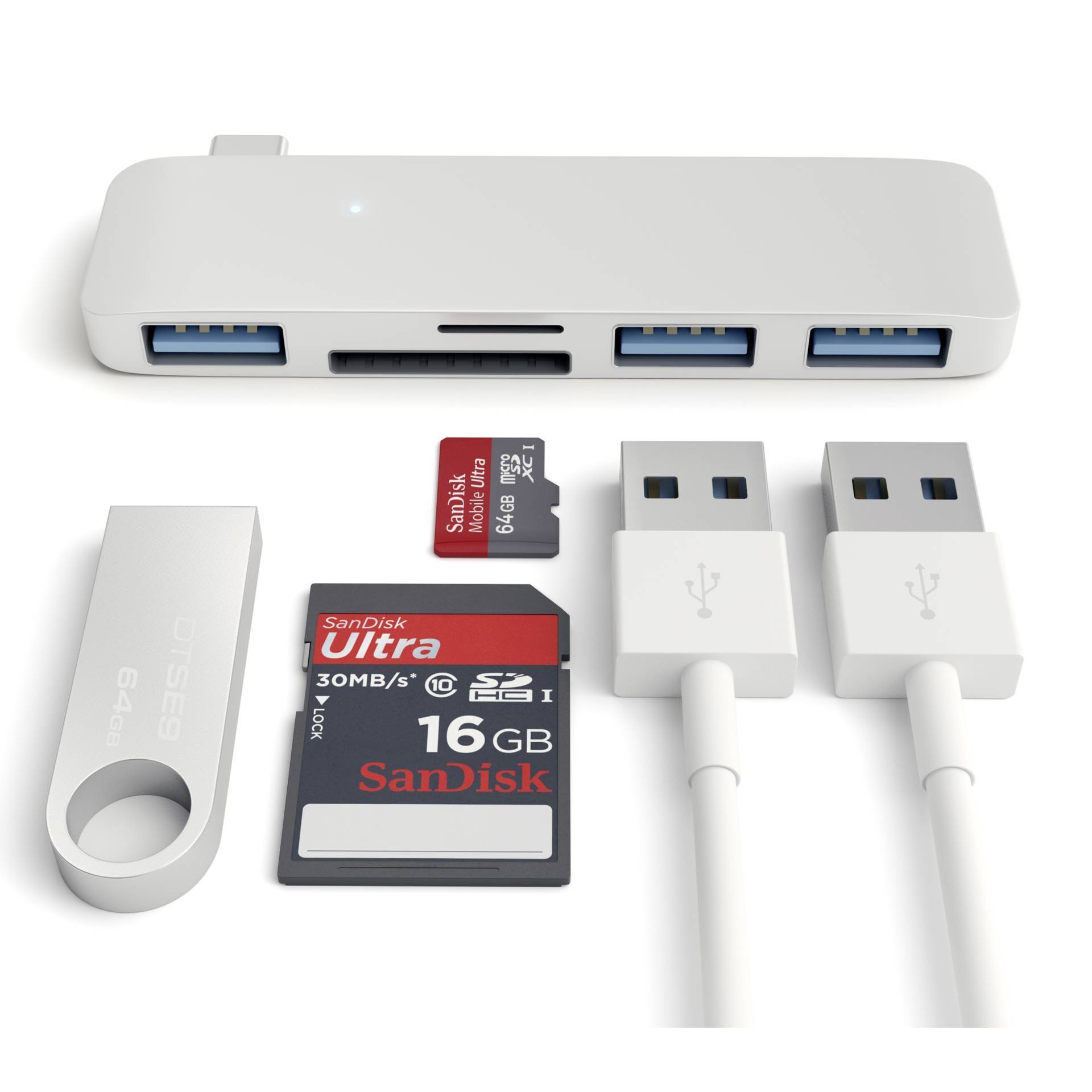 Hub USB z trzema portami, dwa kable USB, jeden pendrive 64 GB, jedna karta SD 16 GB oraz jedna karta microSD 8 GB.