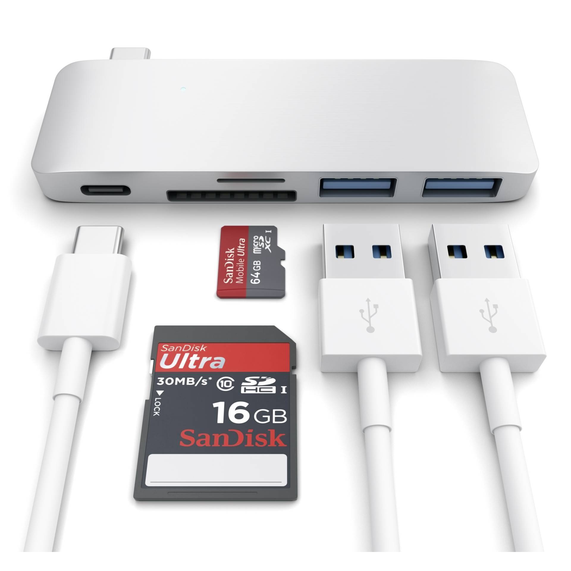 Hub USB-C z dwoma portami USB-A, gniazdem karty SD i gniazdem karty microSD. Przedstawia kabel USB, karty SD i microSD.