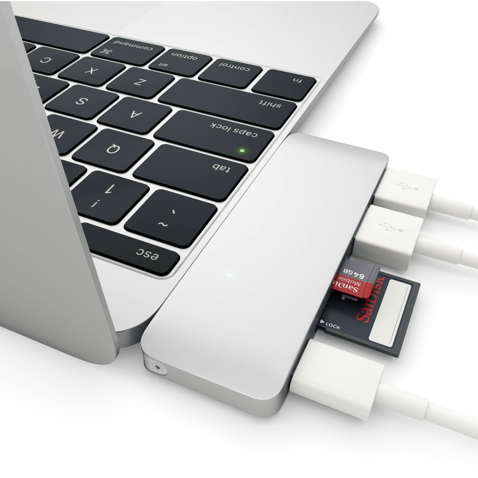 Laptop z hubem USB oferującym wiele złączy, takich jak USB, HDMI i czytnik kart SD. Hub jest podłączony do laptopa.