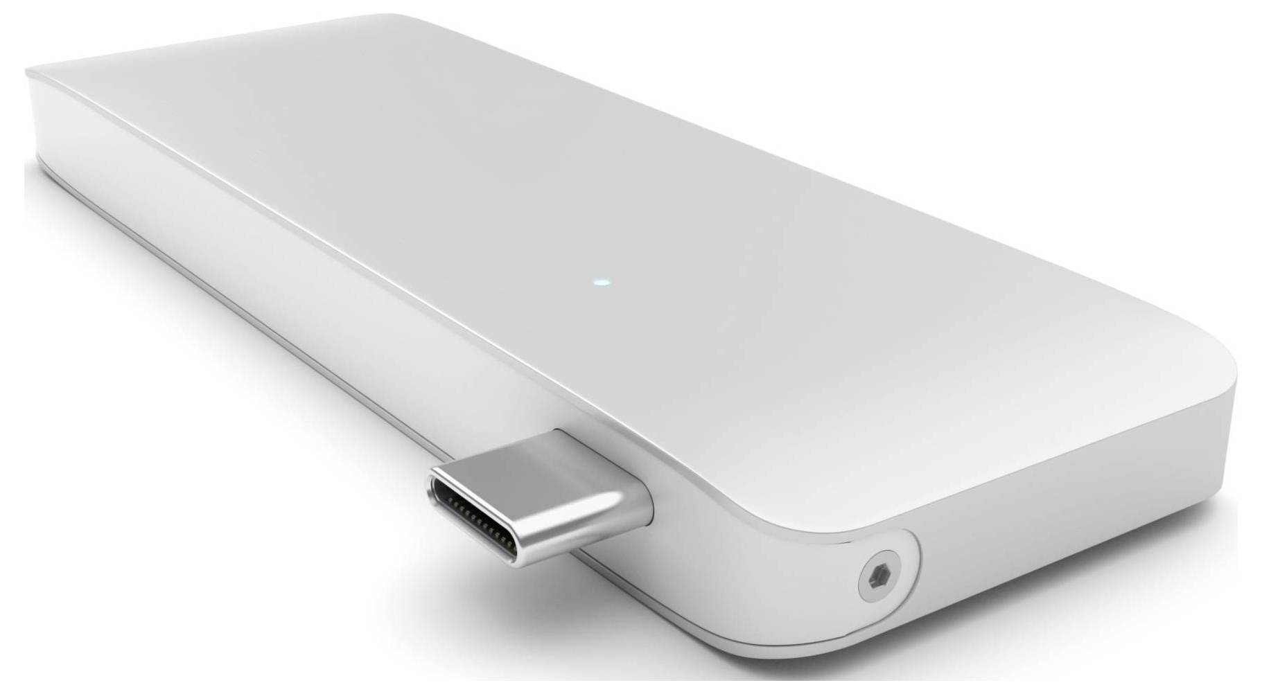 Nowoczesna, biała stacja dokująca do komputera z portami, w tym HDMI i audio. Smukła konstrukcja, przeznaczona do podłączania urządzeń.