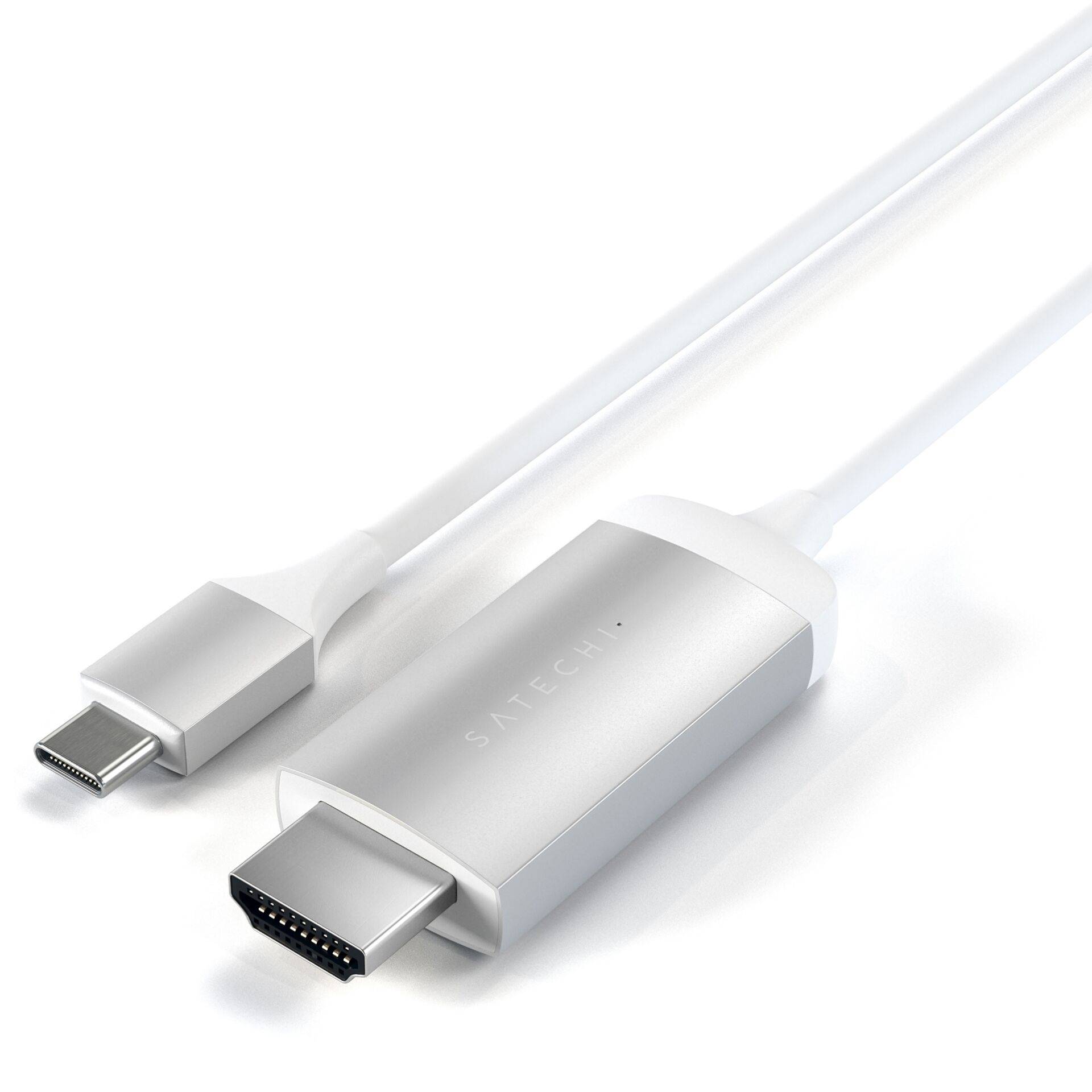 Kabel USB-C do HDMI, srebrny. Wtyk USB-C po lewej stronie, wtyk HDMI po prawej stronie. Kabel służy do podłączania urządzeń do ekranów.