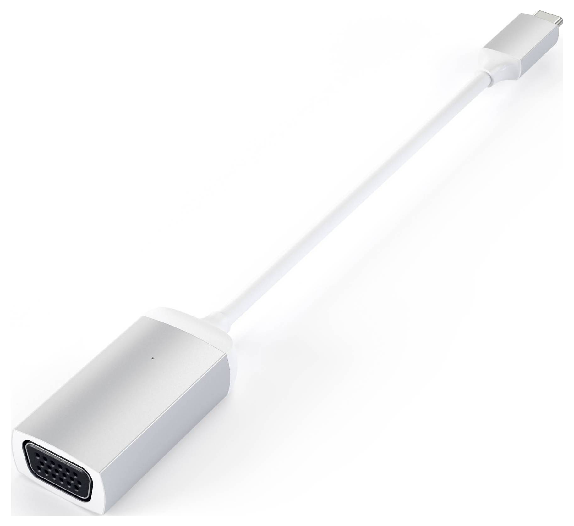 Adapter USB-C na VGA, w srebrno-białym kolorze, umożliwia podłączenie nowoczesnych komputerów do starszych monitorów lub projektorów.