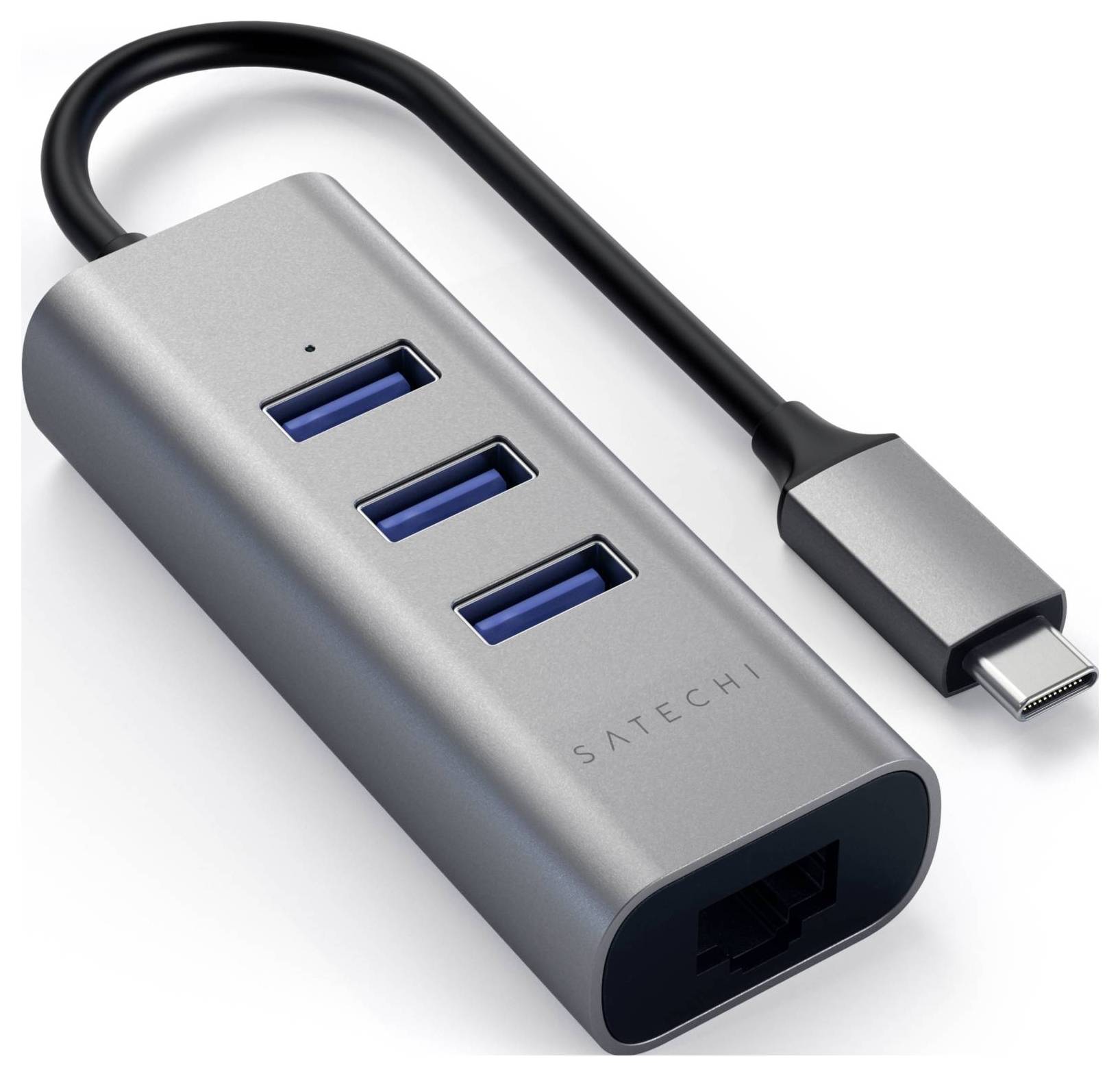 Hub USB-C z trzema portami USB i portem Ethernet, odpowiedni do rozszerzania połączeń komputerowych i łączności sieciowej.