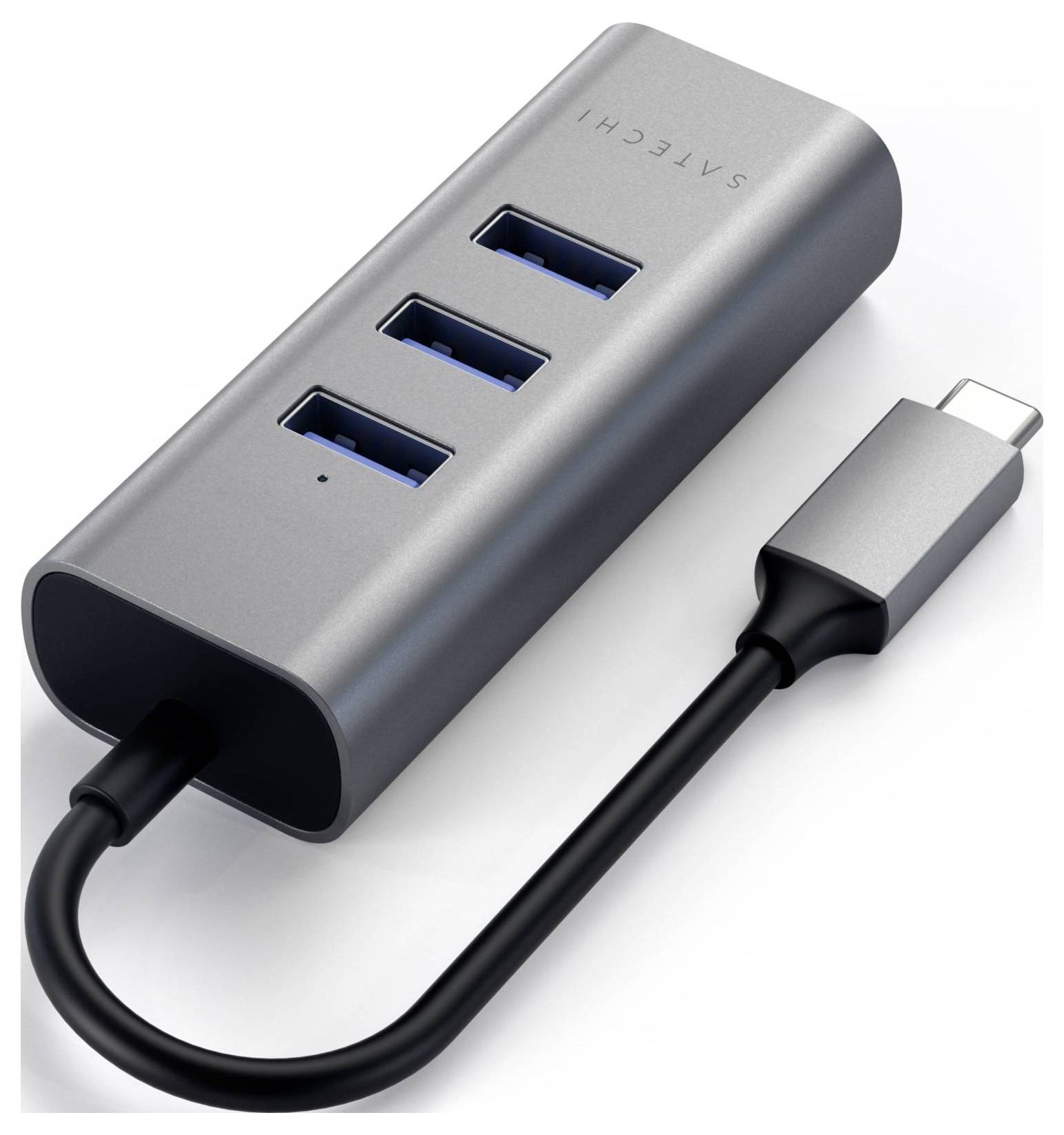 Hub USB-C z trzema portami USB, obudowa w kolorze srebrnym, idealny do rozszerzenia możliwości podłączenia komputera lub laptopa.
