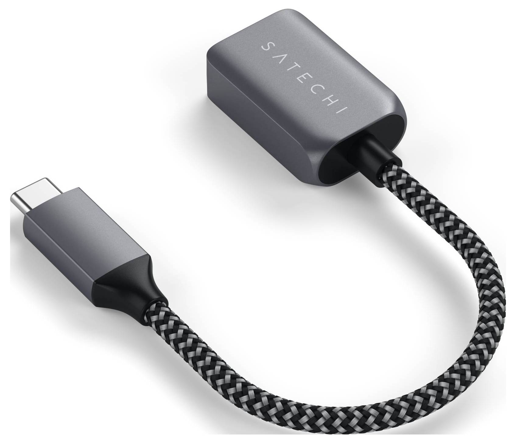 Szary adapter z USB-C na USB-A z plecionym przewodem, służący do łączenia nowoczesnych urządzeń ze starszym osprzętem USB.