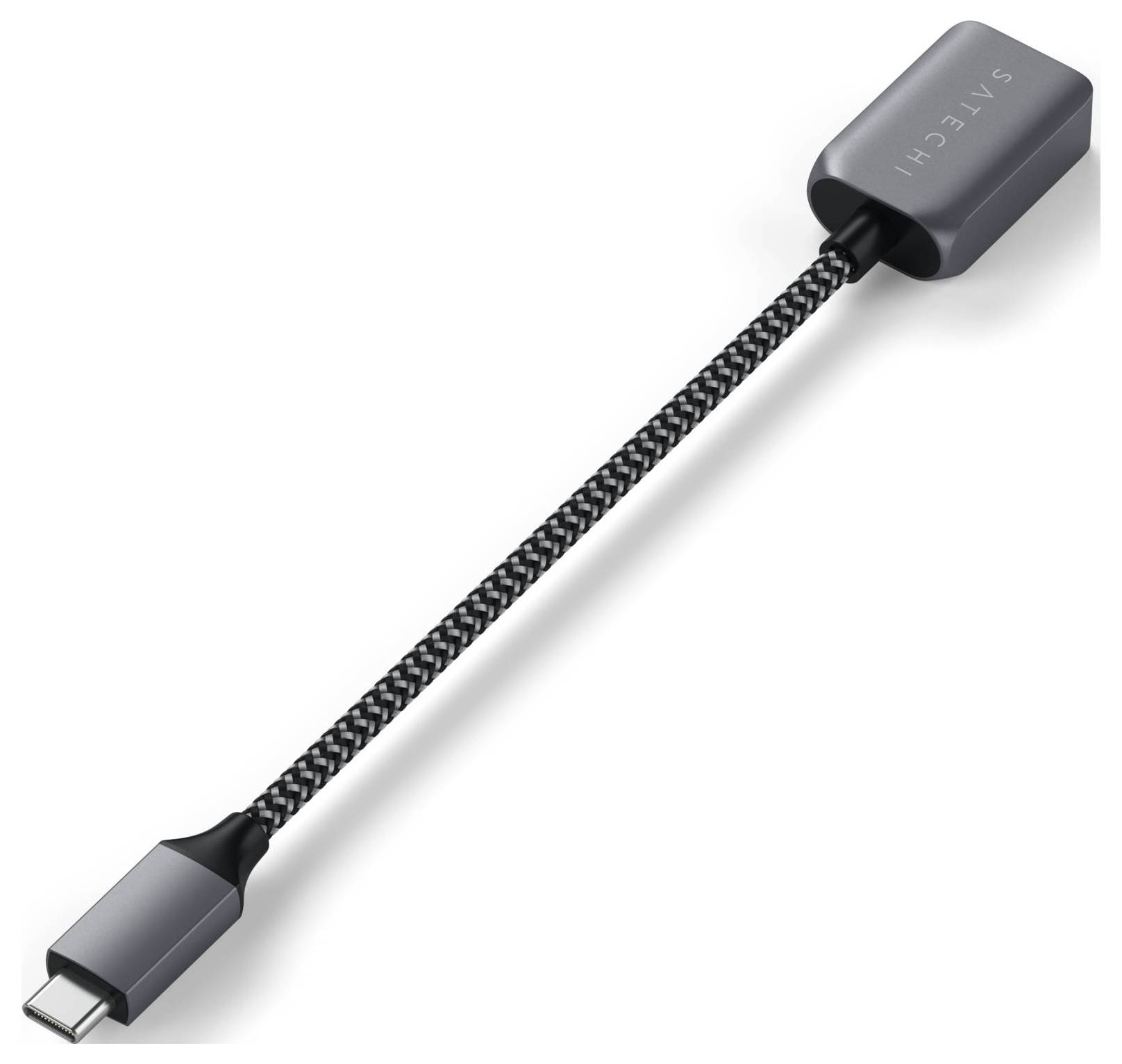 Adapter USB-C na USB-A z plecionym przewodem i metalowymi wtyczkami, służący do łączenia nowoczesnych urządzeń ze starszymi złączami.