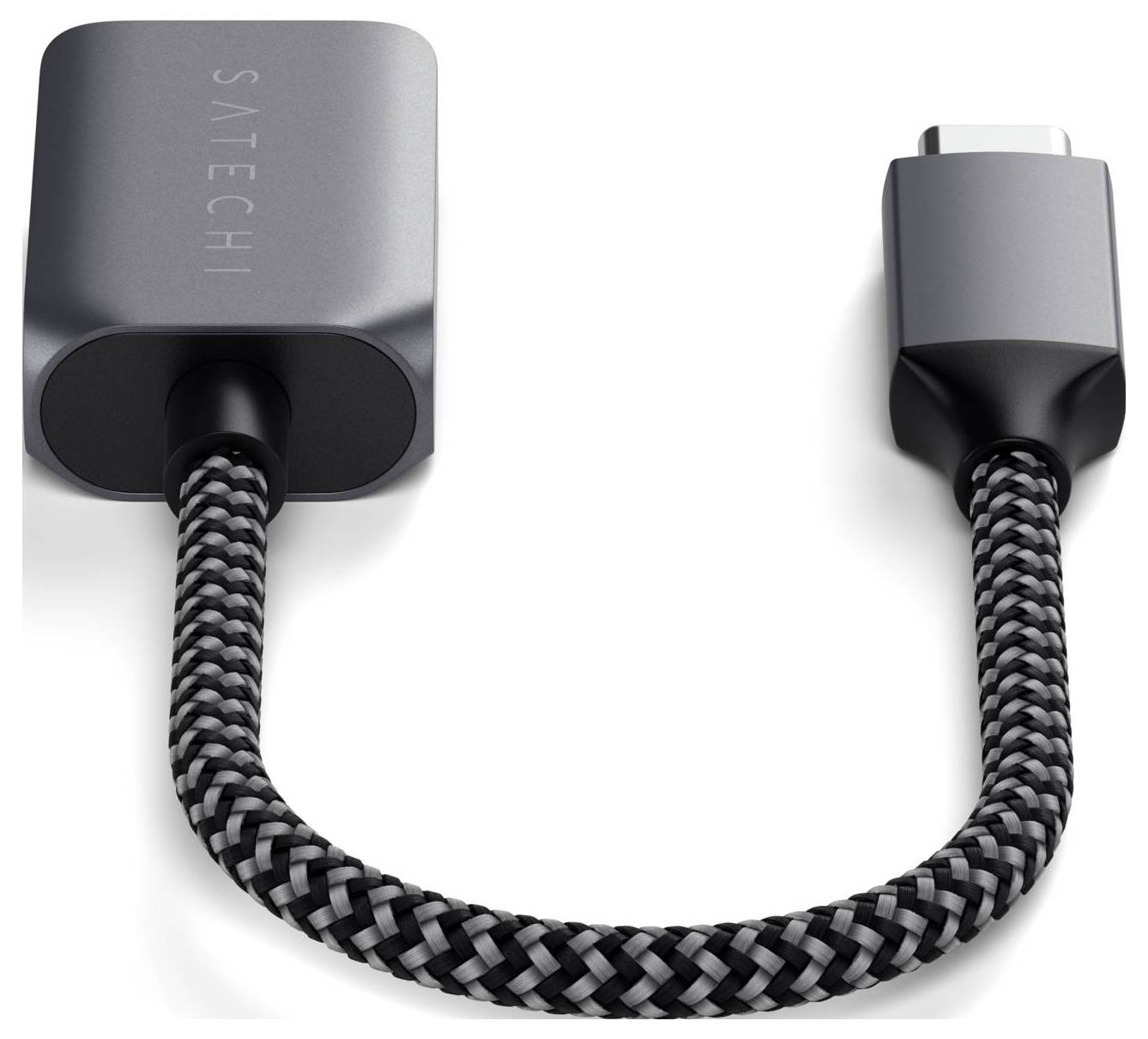 Adapter z USB-C na HDMI z plecionym przewodem, który biegnie od solidnej obudowy do złącza HDMI. Idealny do połączeń wideo.