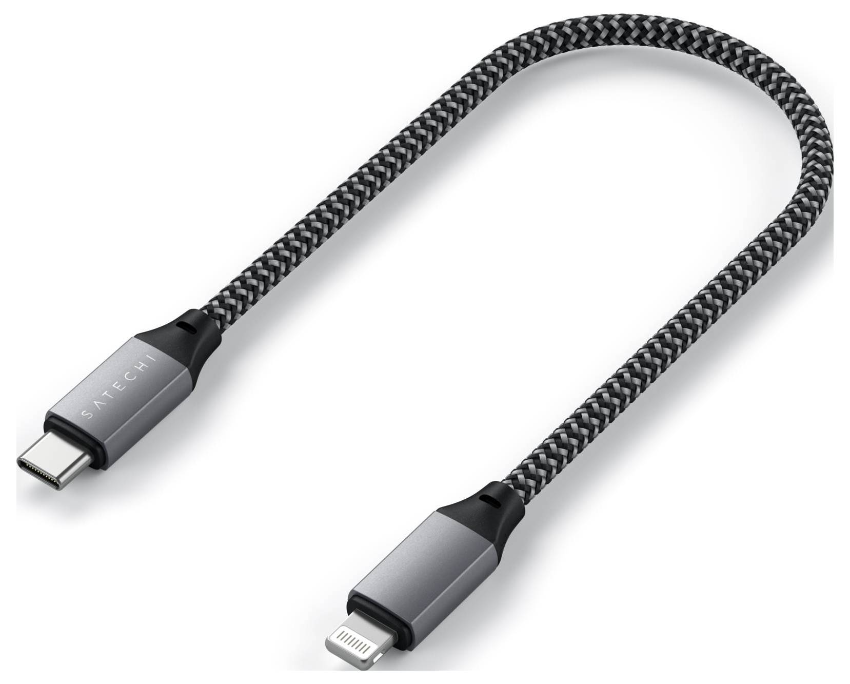 Pleciony kabel ładujący z złączami USB-C i Lightning.