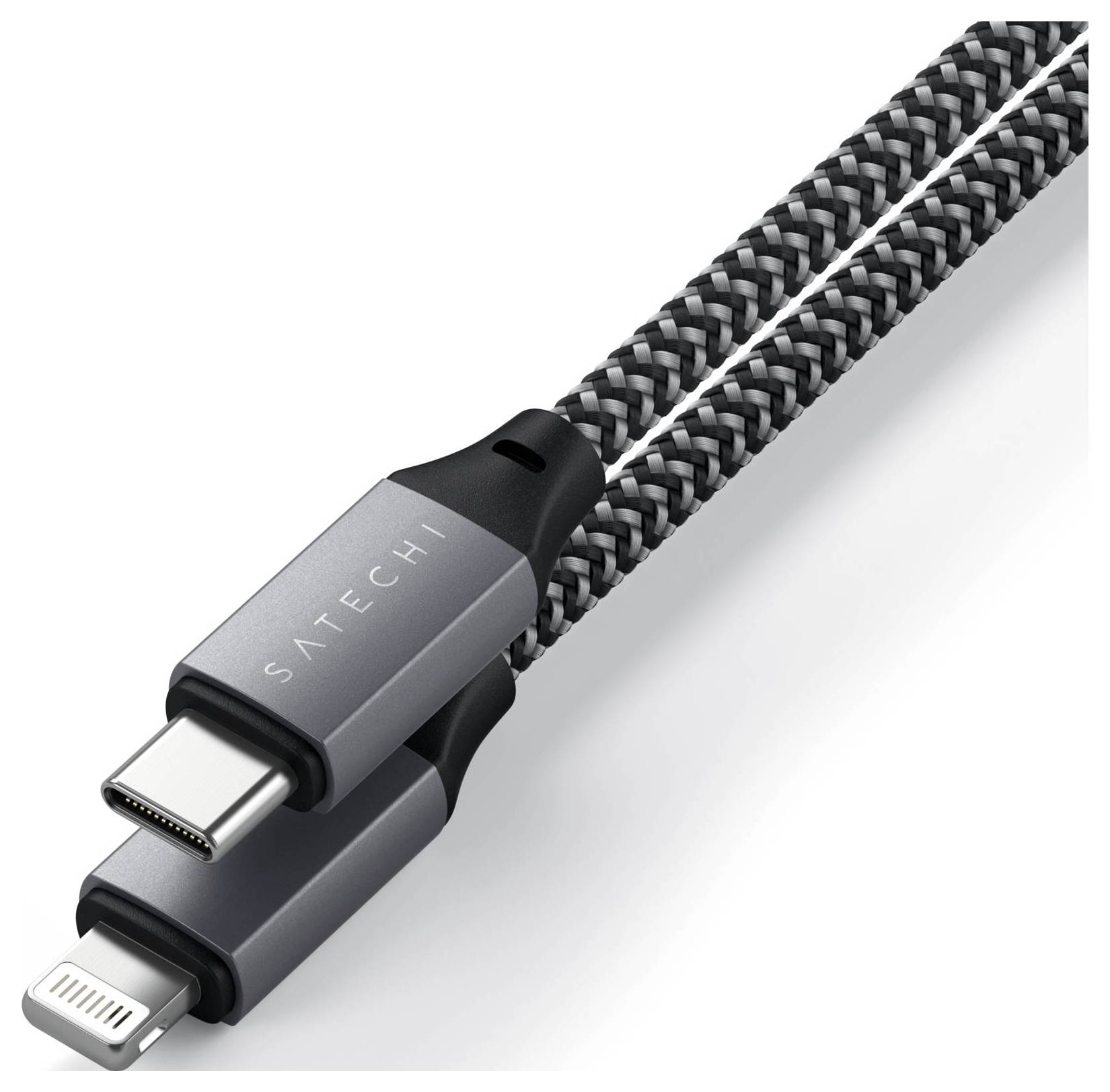 Pleciony kabel z złączami USB-C i Lightning, przeznaczony do ładowania i wymiany danych dla kompatybilnych urządzeń.