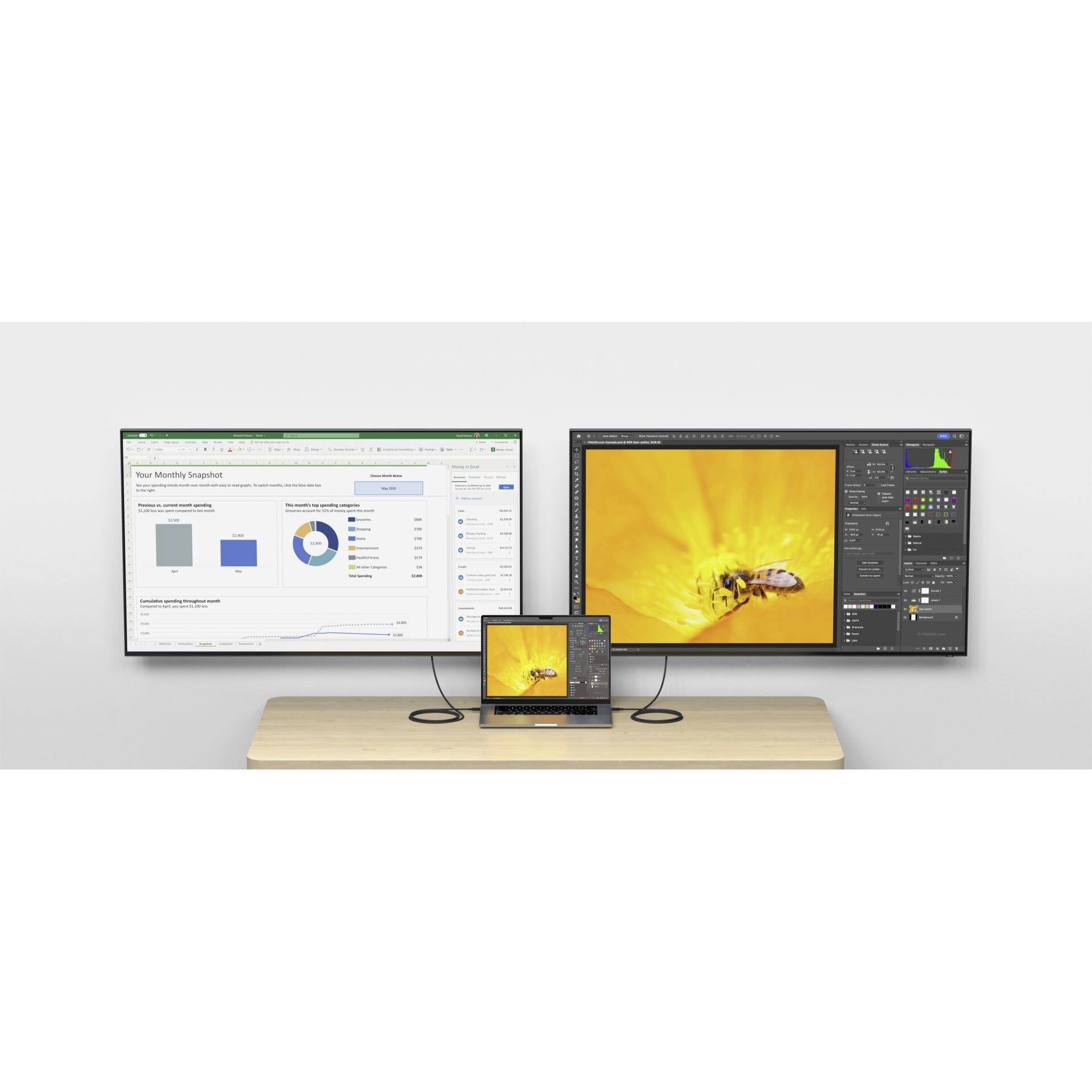 Na stole stoją dwa duże monitory i laptop. Lewy monitor wyświetla diagram, prawy obraz pszczoły.
