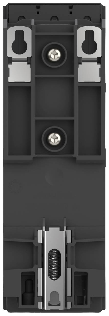 Czarna elektroniczna komponenta z dwoma widocznymi śrubami i sprężyną pośrodku, prawdopodobnie będąca częścią elektrycznego przełącznika.