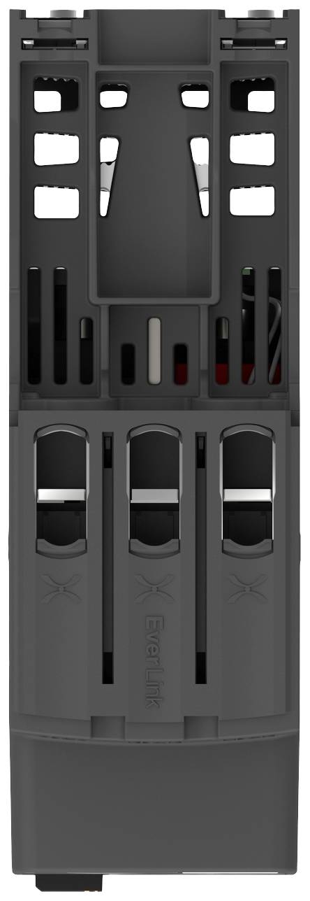 Szare plastikowe obudowa z wąskimi szczelinami i elementami mocującymi; prawdopodobnie część urządzenia elektronicznego.