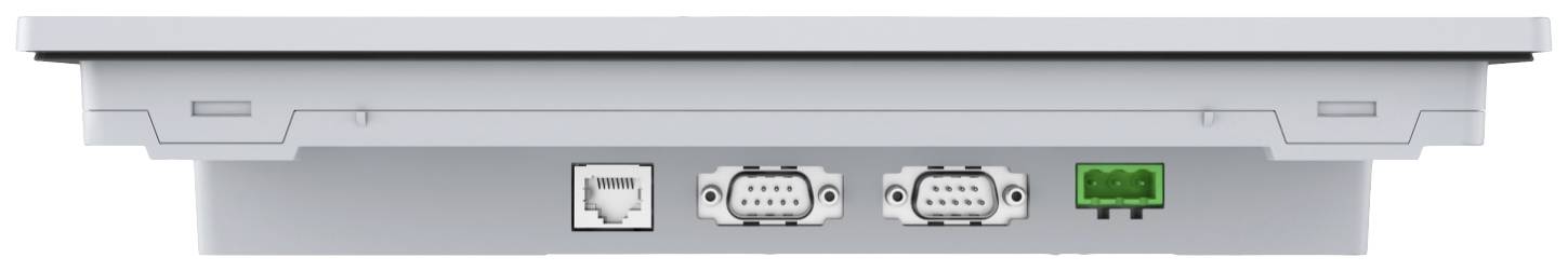 Szary interfejs elektroniczny z trzema złączami: złączem USB, dwoma złączami szeregowymi oraz zielonym blokiem zaciskowym.