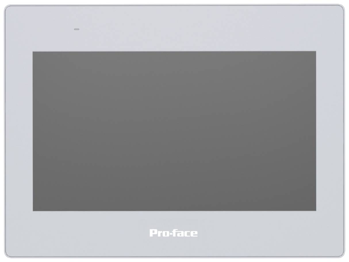 Szary monitor dotykowy Pro-face o minimalistycznym designie, bez widocznego wyświetlacza.