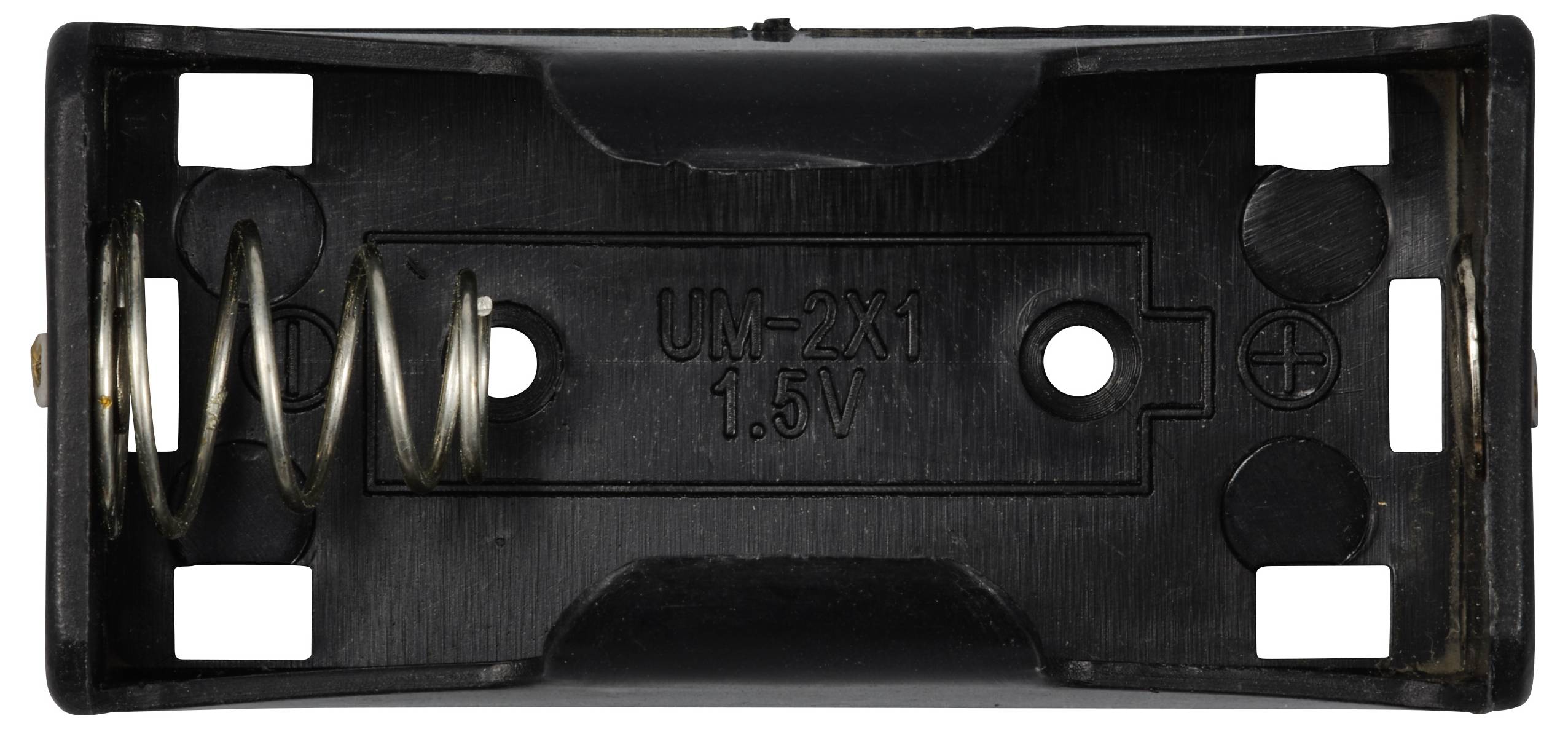 Czarny uchwyt na dwie baterie AA, zawierający sprężynę po lewej stronie i styki po prawej stronie.