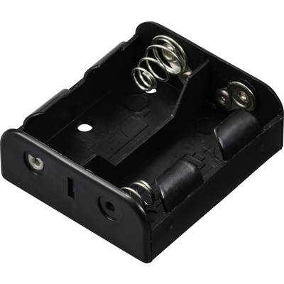 Czarny uchwyt na dwie baterie AA, z metalowymi sprężynkami i stykami, odpowiedni do montażu w urządzeniach elektronicznych.