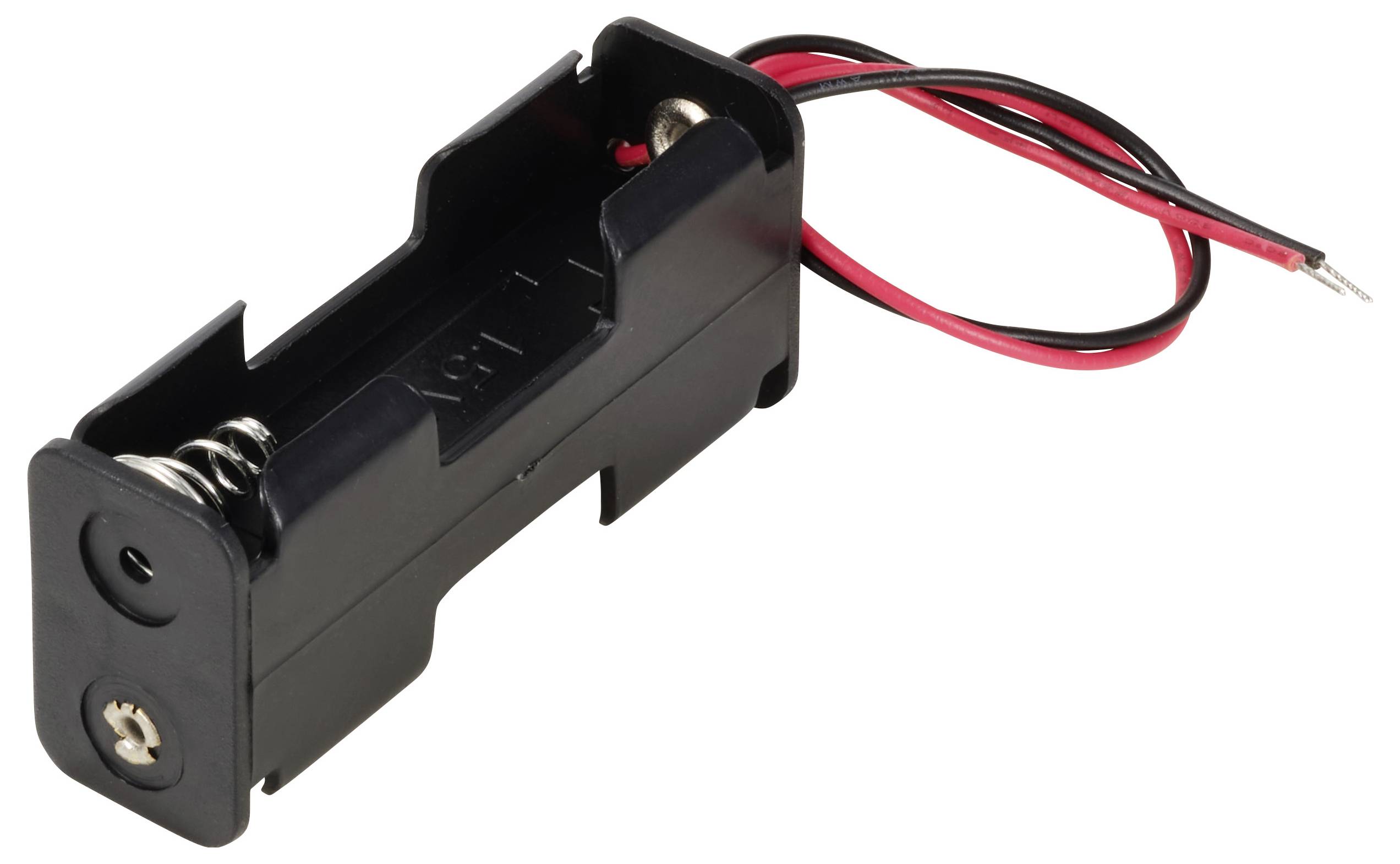 Czarny uchwyt na baterię AA z czerwonymi i czarnymi przewodami do podłączenia.