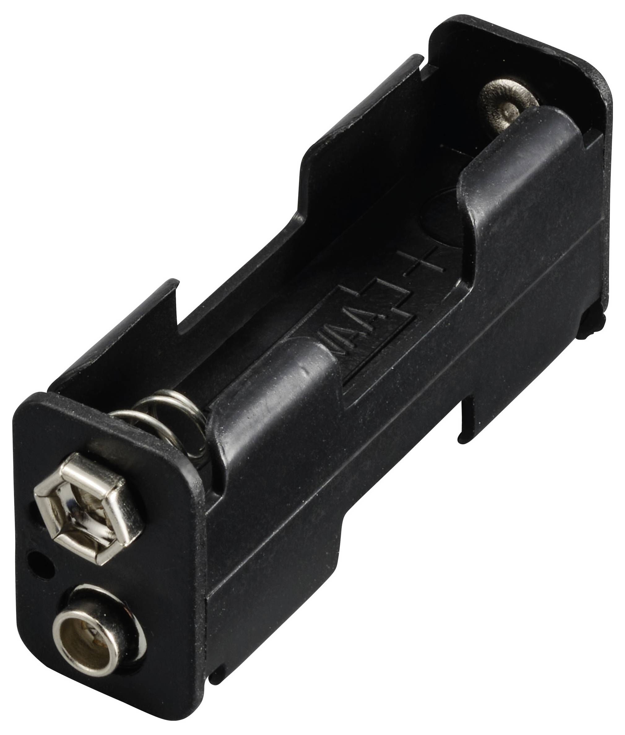 Pojedynczy czarny uchwyt baterii z tworzywa sztucznego, dopasowany do baterii 9-woltowej, z mechanizmem sprężynowym i zaciskami stykowymi.