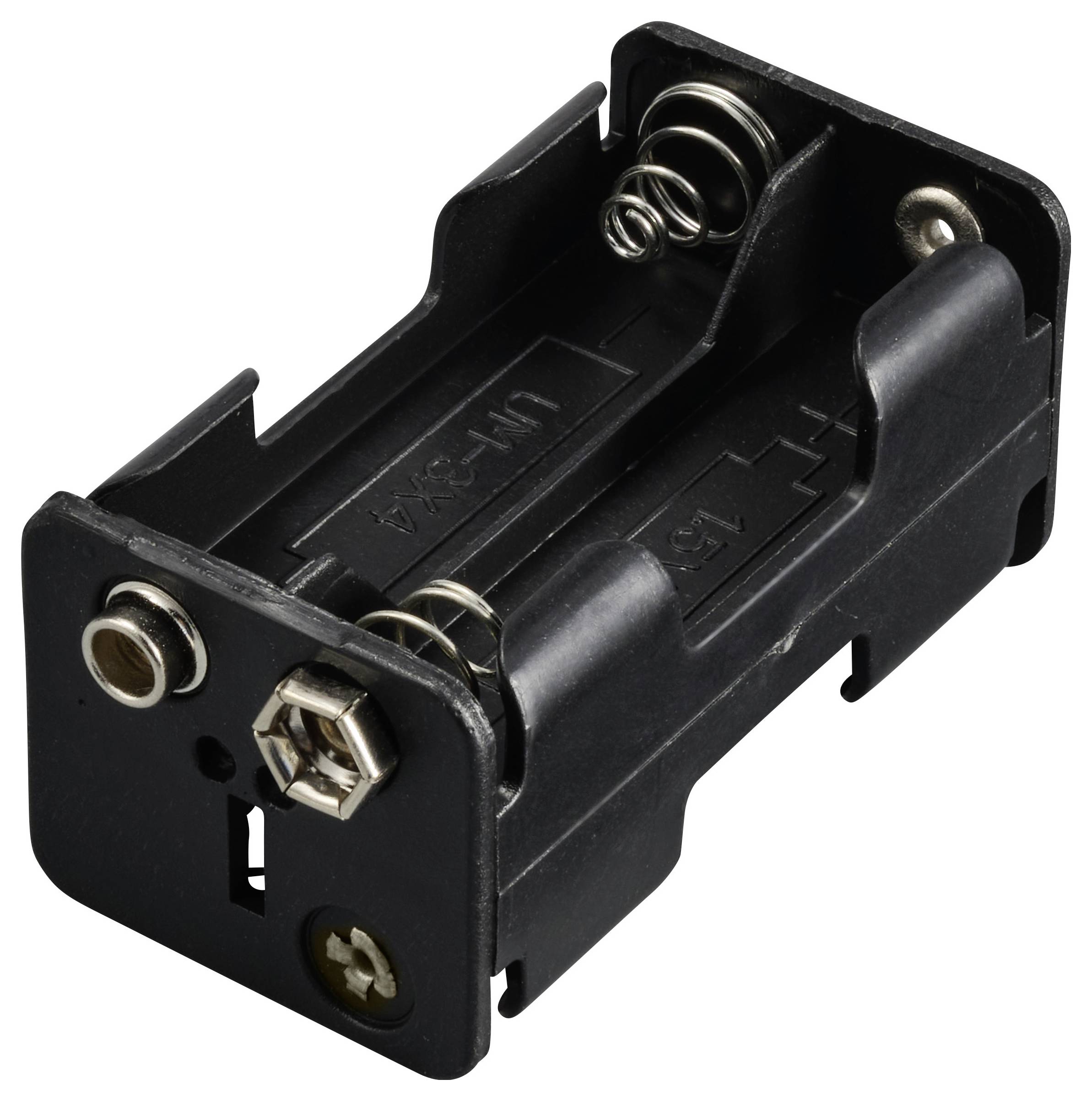 Podwójny uchwyt na baterie AA z czarnego tworzywa sztucznego, wyposażony w metalowe sprężyny i złącza, umożliwiający bezpieczne umieszczenie i połączenie baterii.