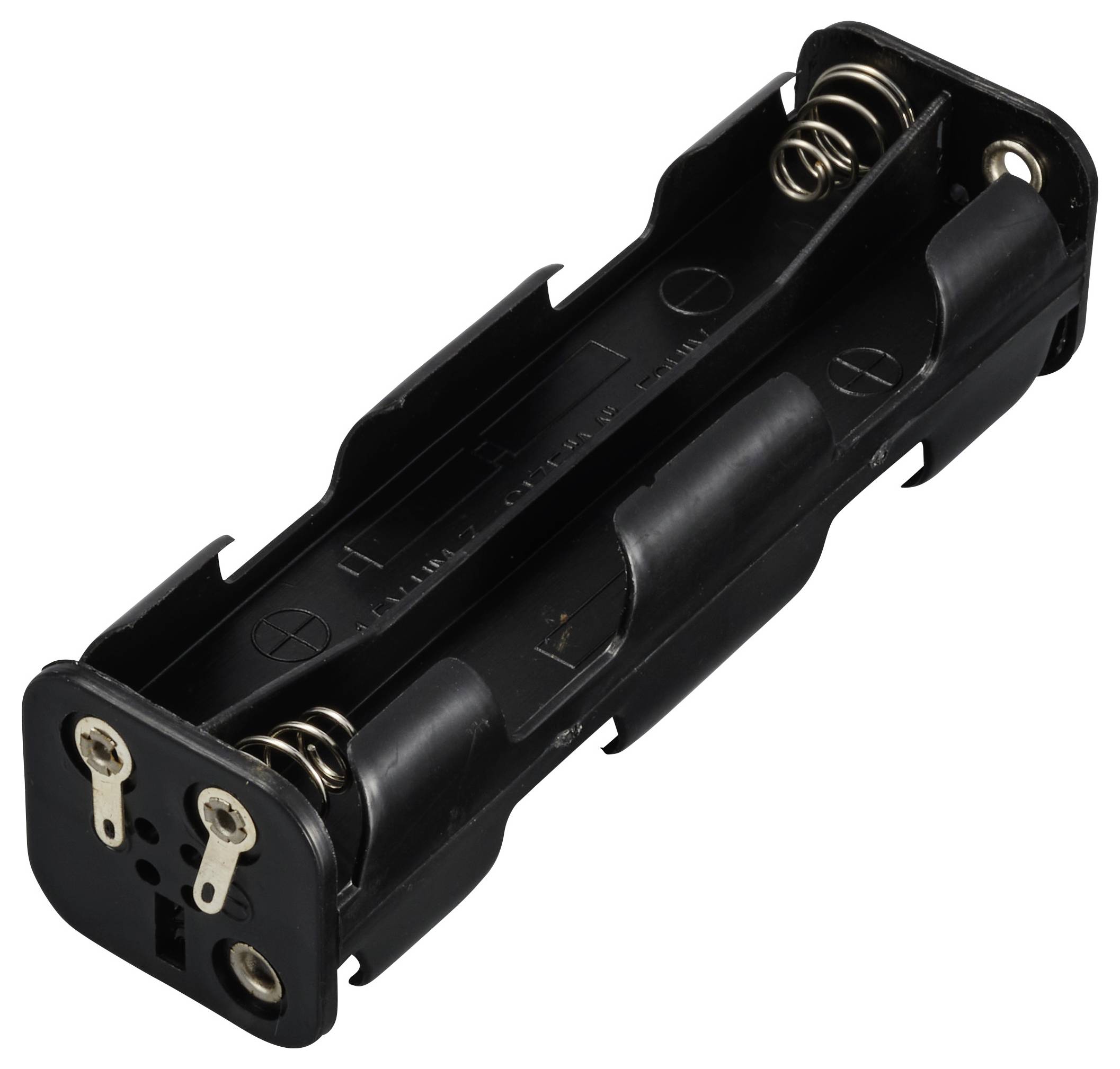 Obudowa na dwie baterie AA, wyposażona w dwie metalowe sprężyny i styki, w kolorze czarnym, idealna do wykorzystania w projektach elektronicznych.