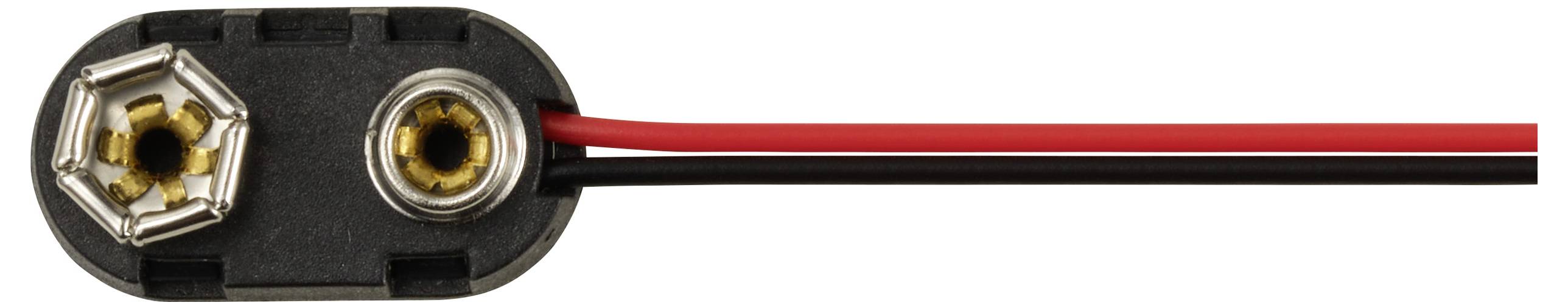 Klips do baterii z dwoma wtykami, jednym dla bieguna dodatniego (czerwonym) i jednym dla bieguna ujemnego (czarnym), przymocowanymi do dwóch przewodów.