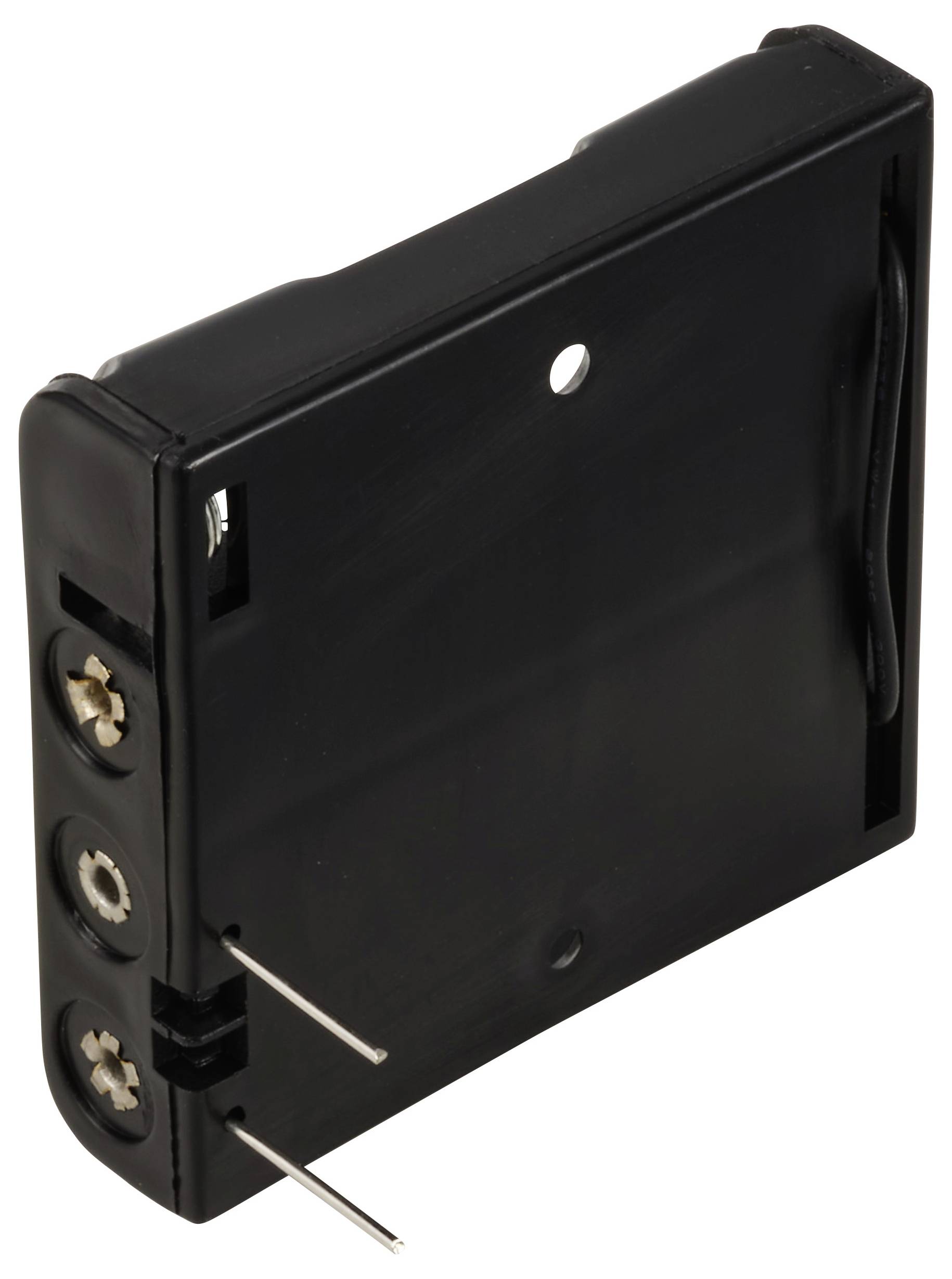 Czarny uchwyt baterii z śrubami i metalowymi stykami do podłączenia do urządzenia. Widok z boku przedstawia widoczne złącza.