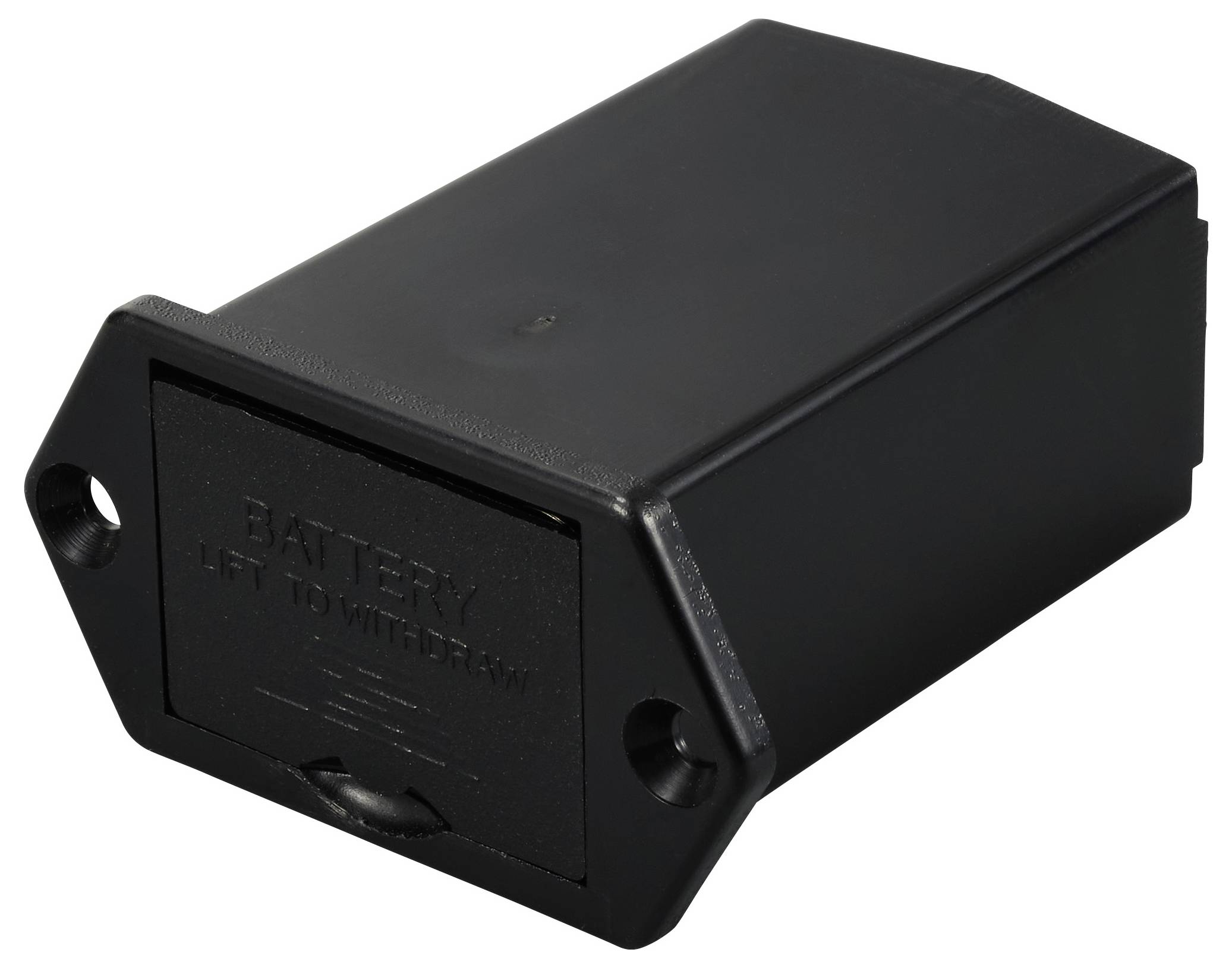 Czarne, prostokątne plastikowe obudowa komory baterii z dwoma otworami bocznymi do mocowania śrub oraz napisem 'BATTERY LIFT TO WITHDRAW'.