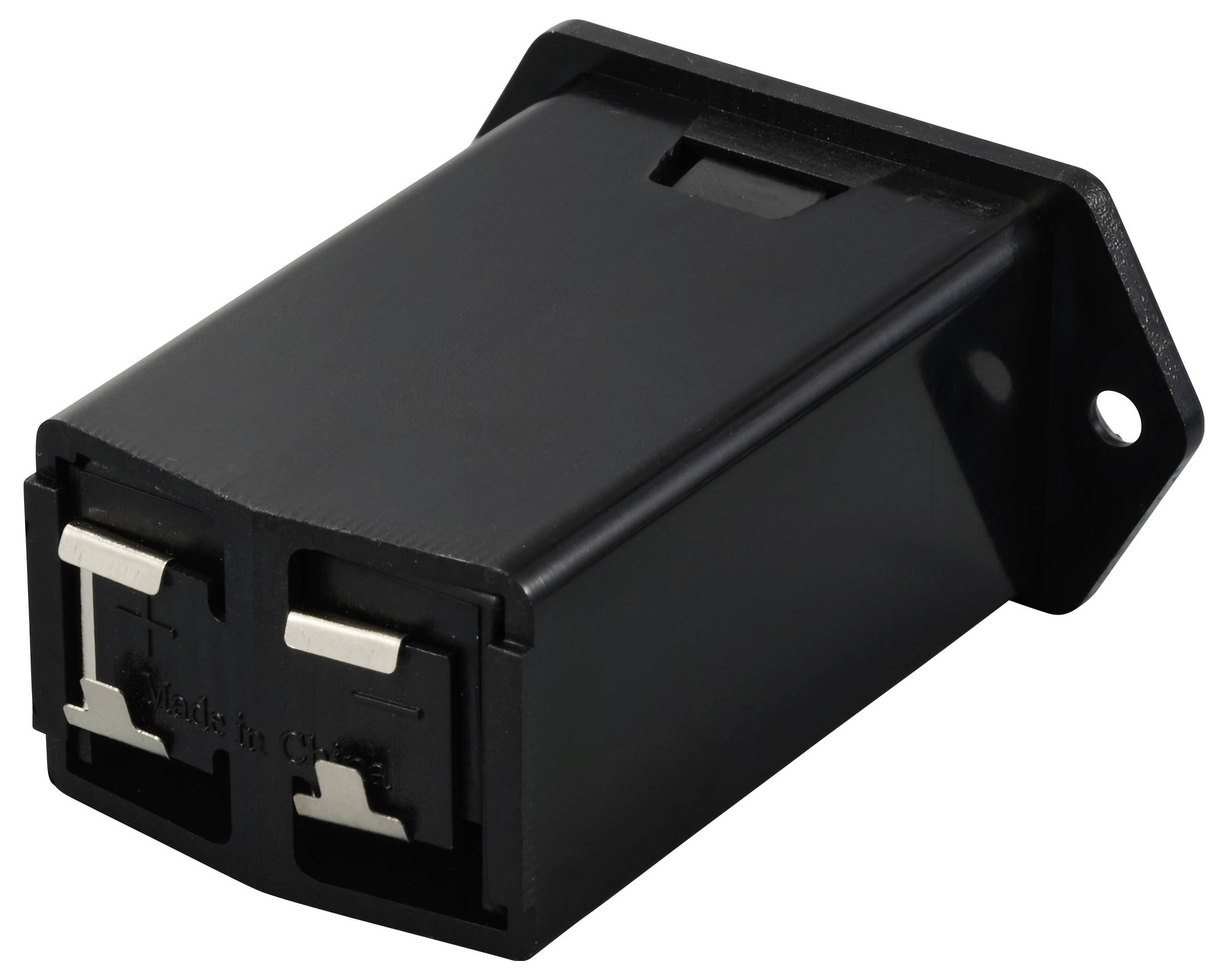 Czarny, prostokątny element obudowy z dwoma metalowymi złączami po jednej stronie, prawdopodobnie element elektryczny.