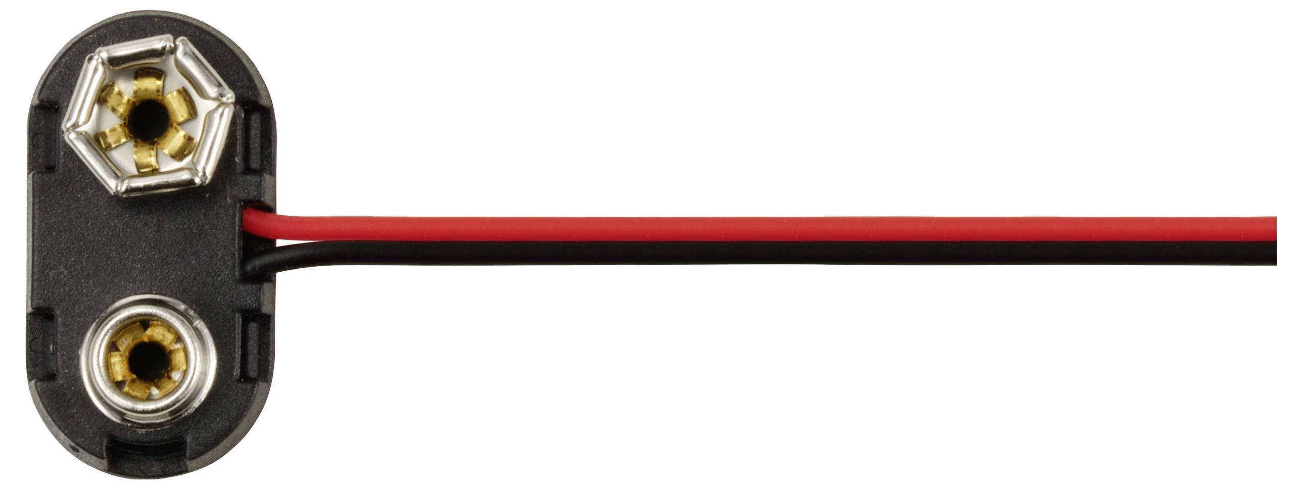 Klips do baterii 9V z czerwonymi i czarnymi przewodami przyłączeniowymi. Klips posiada dwa metalowe styki umożliwiające bezpieczne podłączenie baterii.