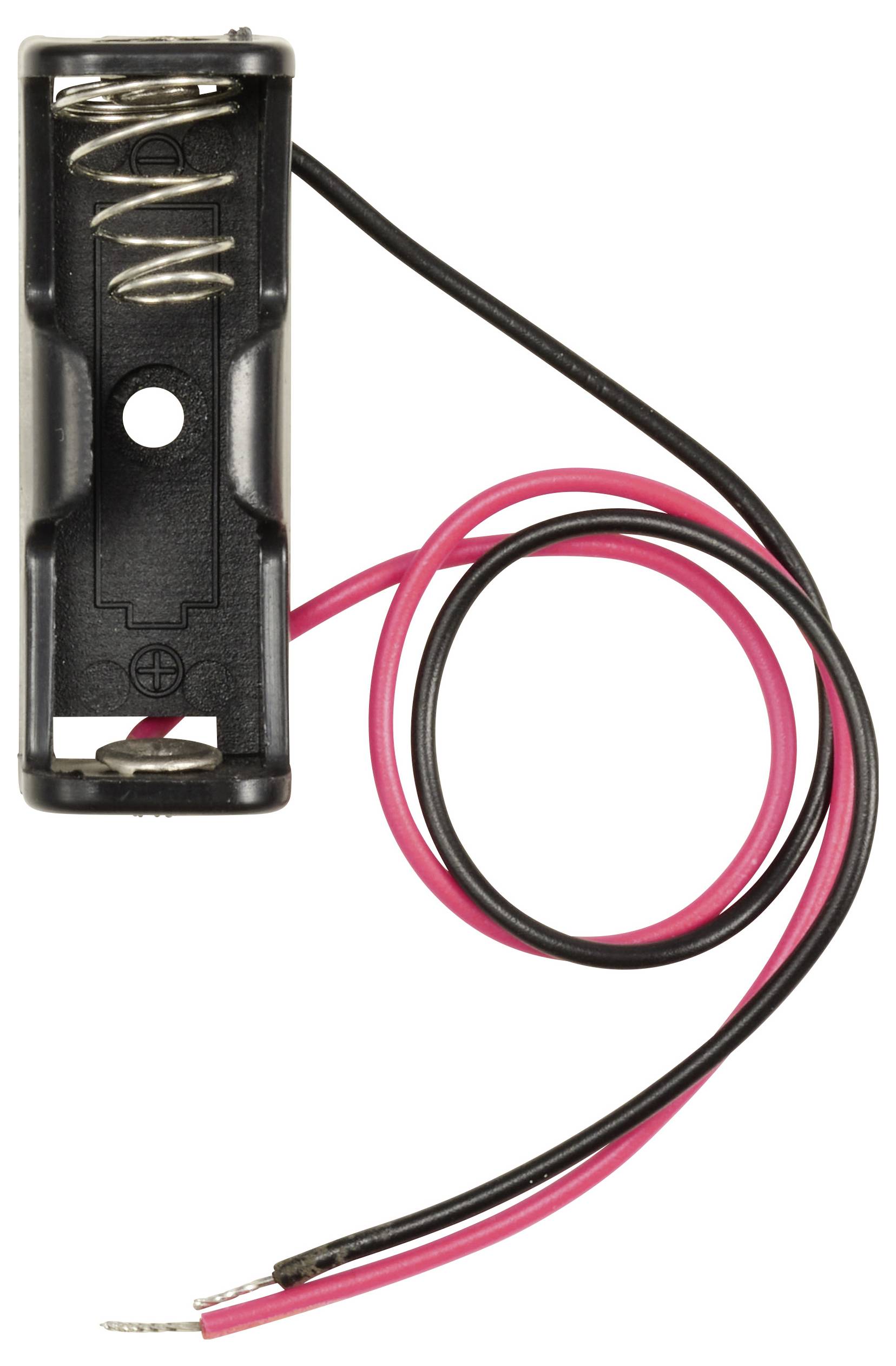 Czarna obudowa baterii na baterię AA z czerwonymi i czarnymi przewodami, końcówki przewodów są odizolowane.