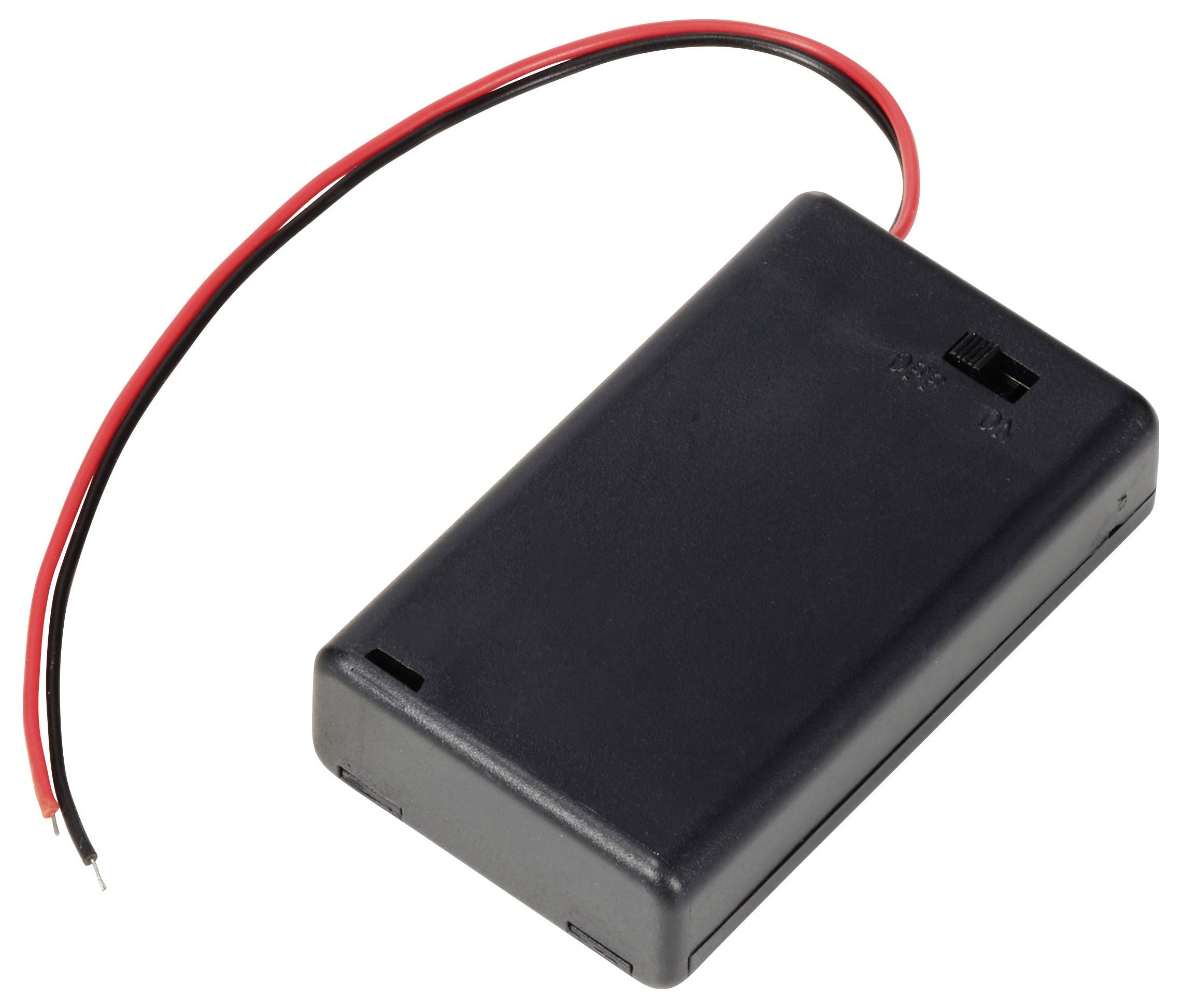 Czarne obudowa baterii z czerwonym i czarnym przewodem; służy do zasilania urządzeń elektronicznych.