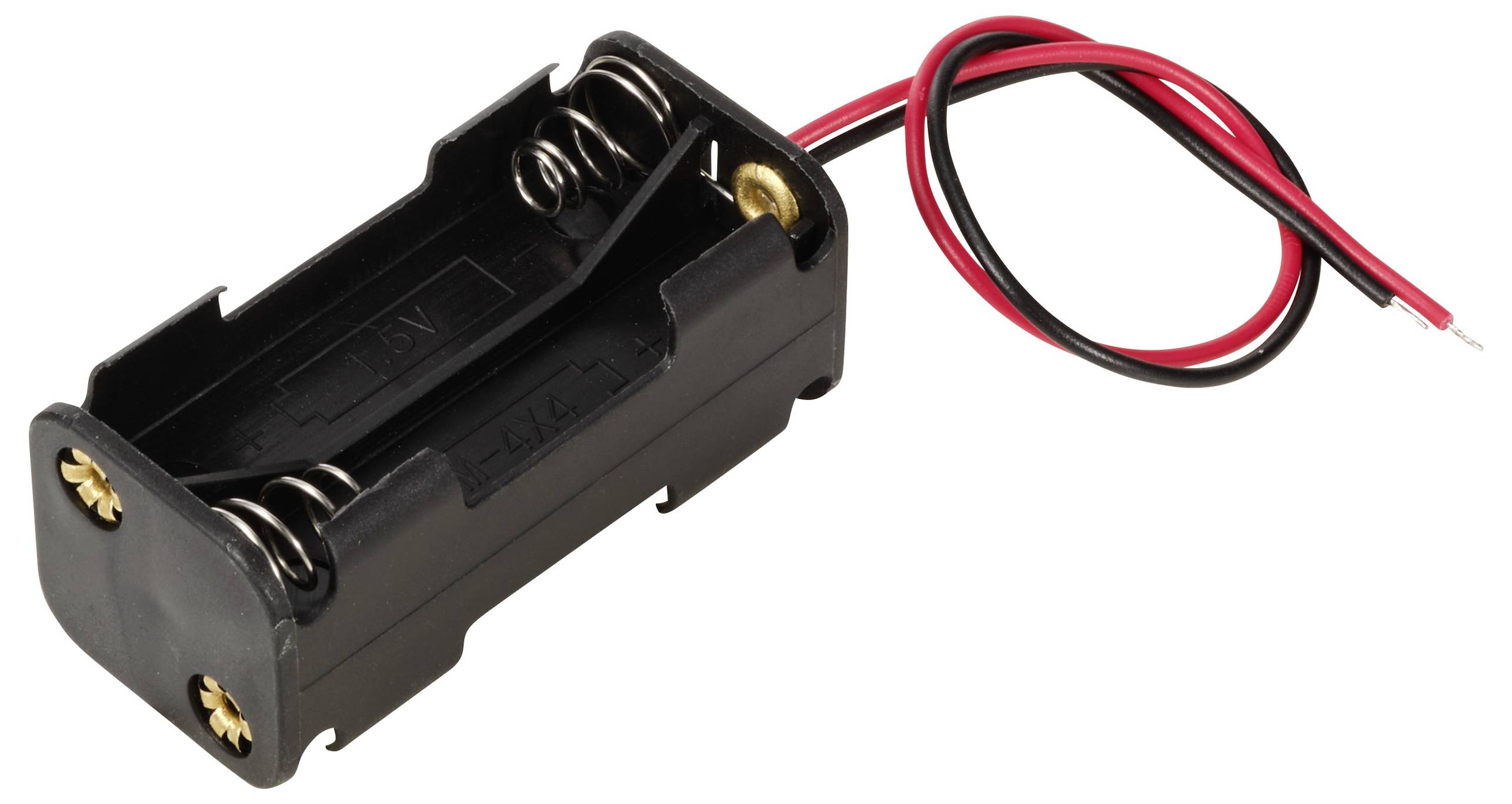 Czarne plastikowe pudełko na baterie mieszczące dwie baterie AA, z czerwonymi i czarnymi przewodami przyłączeniowymi po bokach.