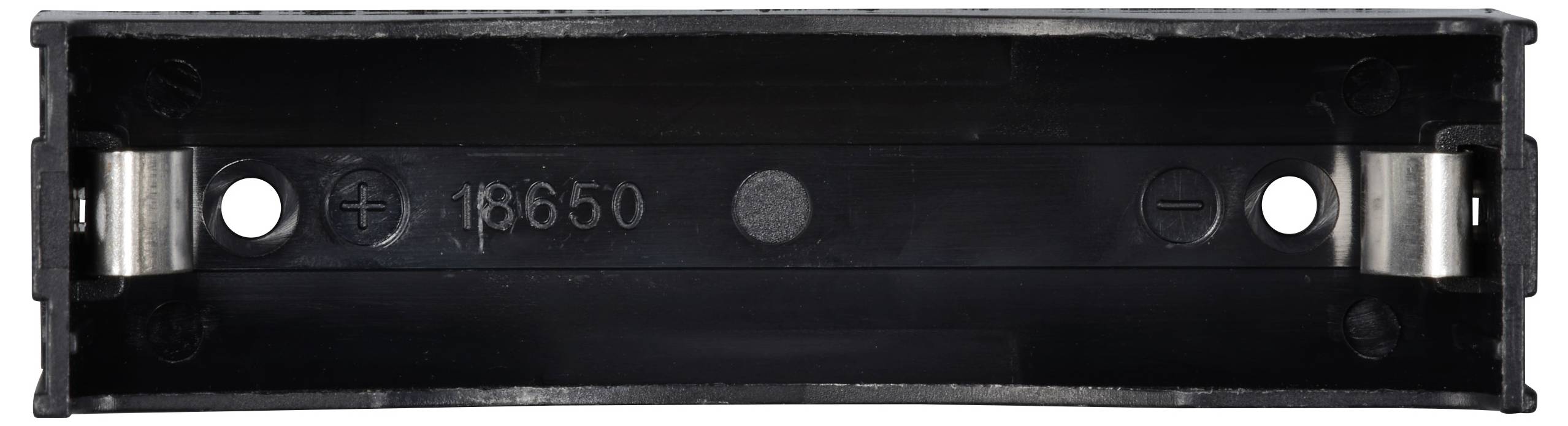 Uchwyt na baterie z czarnego tworzywa sztucznego do ogniw 18650. Wyposażony w dwa metalowe styki na końcach do podłączenia baterii.