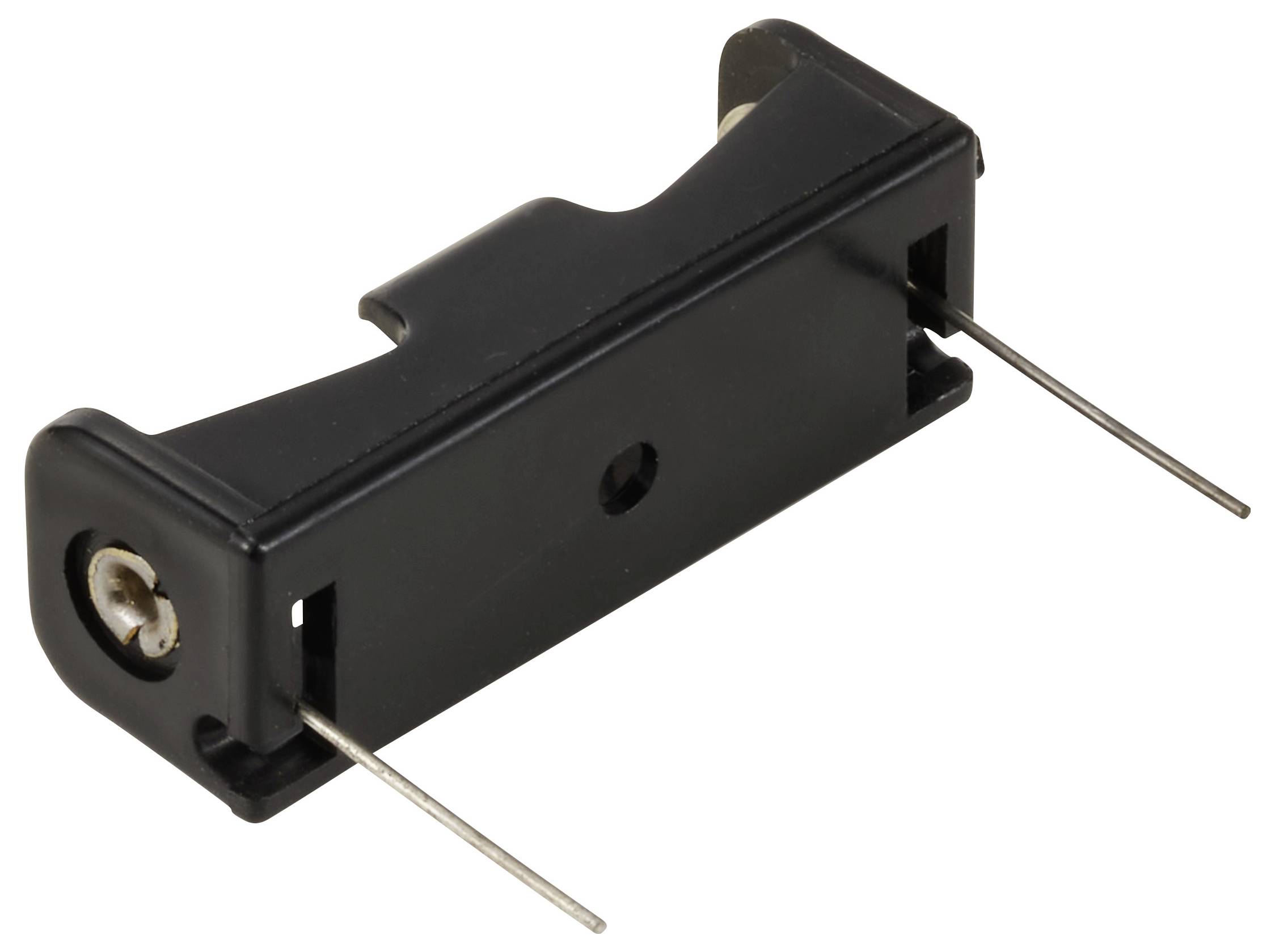 Plastikowy uchwyt z dwoma metalowymi stykami do mocowania baterii guzikowej.