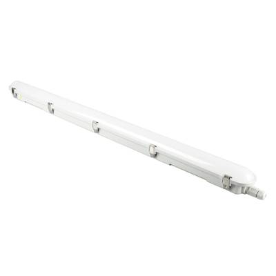 Podłużna, biała lampa LED zaprojektowana do użytku w środowiskach przemysłowych lub komercyjnych.