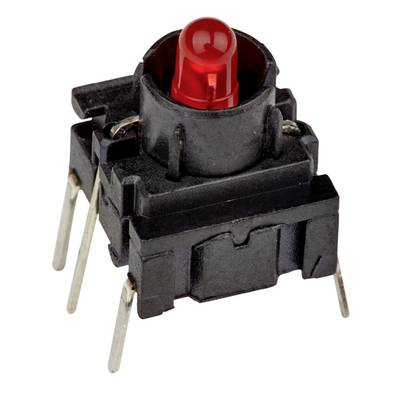 Czerwony przełącznik LED z wieloma metalowymi pinami do połączeń elektronicznych, na neutralnym tle.