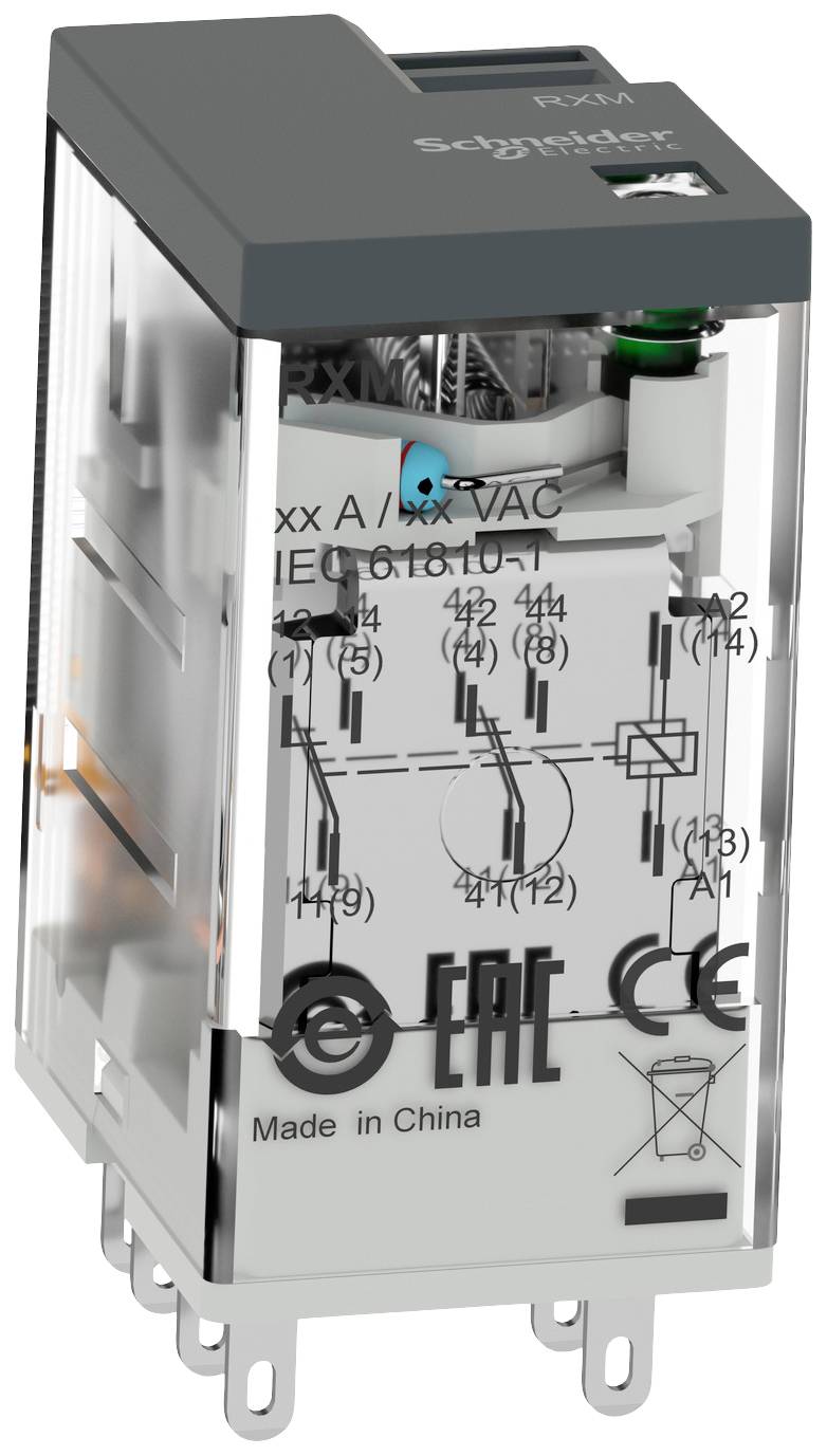 Przezroczysty przekaźnik firmy Schneider Electric, ukazujący wewnętrzne obwody i złącza. Oznaczony napisem „Made in China".