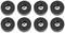 Osiem czarnych, okrągłych elementów mocujących z centralnym otworem, rozmieszczonych symetrycznie na białym tle.