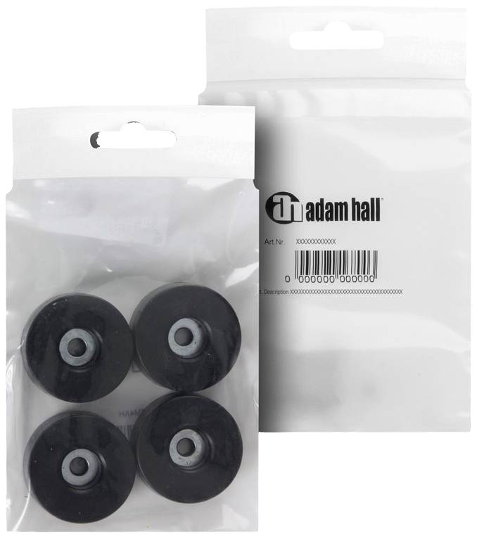 Dwie opakowania zawierające po cztery czarne gumowe stopki, używane jako tłumiki drgań, oznaczone etykietą marki 'Adam Hall'.