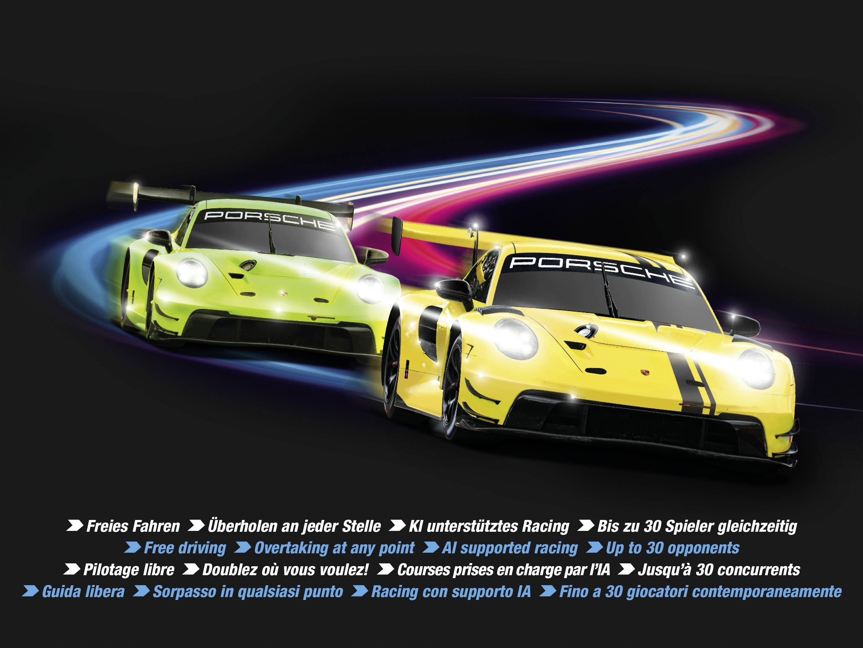 Dwa żółte samochody wyścigowe Porsche na torze wyścigowym, otoczone wielobarwnymi smugami świetlnymi. Tekst dotyczący funkcji wyścigowych poniżej.