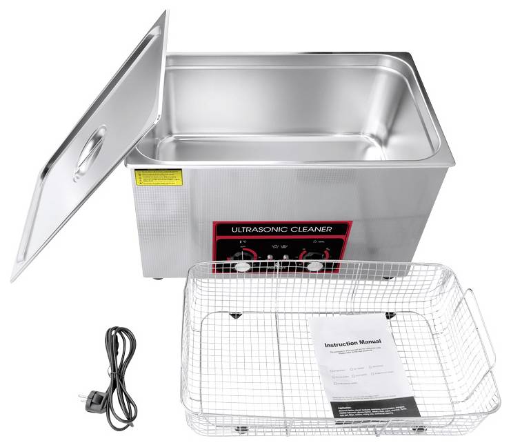 Stalowa myjka ultradźwiękowa z otwieraną pokrywą, wyjmowanym koszyczkiem drucianym, przewodem zasilającym oraz instrukcją umieszczoną w koszyku.