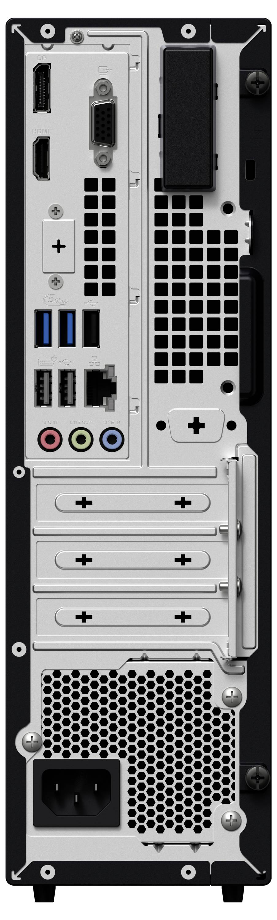 Tylna ściana obudowy komputera z różnymi złączami: HDMI, USB, Audio oraz złączem zasilania.