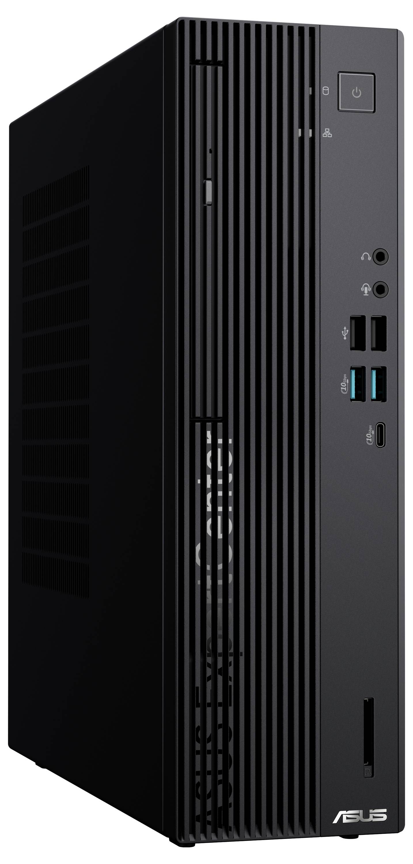 Czarny komputer stacjonarny z pionowo ułożonymi szczelinami wentylacyjnymi i kilkoma portami z przodu, w tym portami USB i audio.