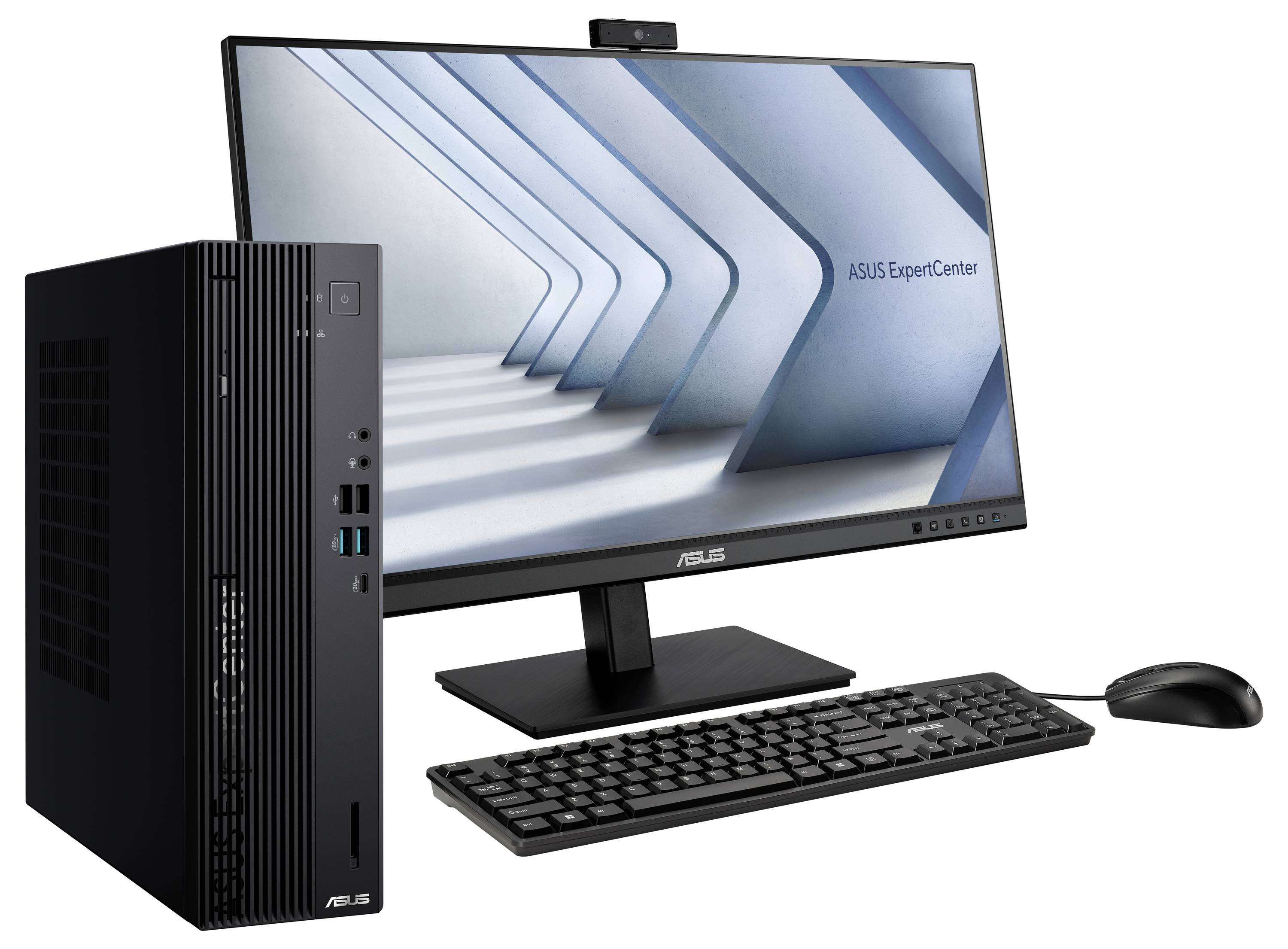 Zestaw komputerowy składający się z monitora, klawiatury, myszy i obudowy komputera. Na ekranie widnieje napis 'ASUS ExpertCenter'.