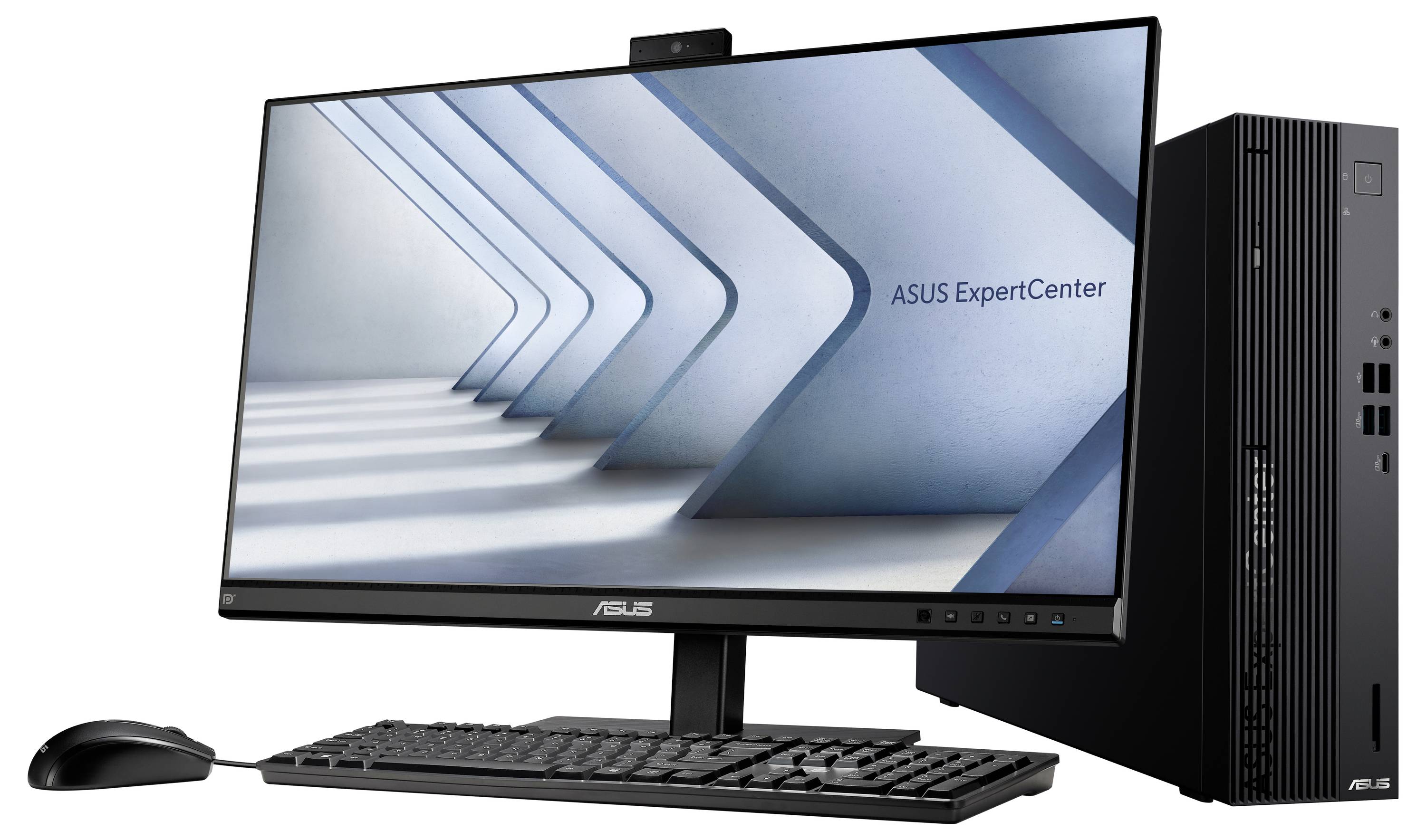 Komputerowe stanowisko z monitorem, klawiaturą i myszą. Na ekranie wyświetla się napis 'ASUS ExpertCenter' na nowoczesnym tle.