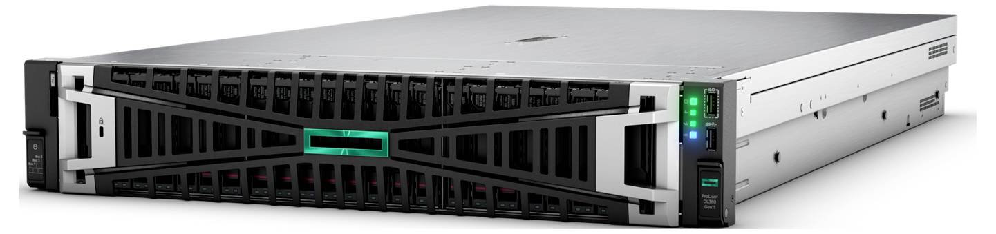 Serwer z czarną obudową i zielonym logo; diody LED po prawej stronie wskazują aktualny stan pracy.