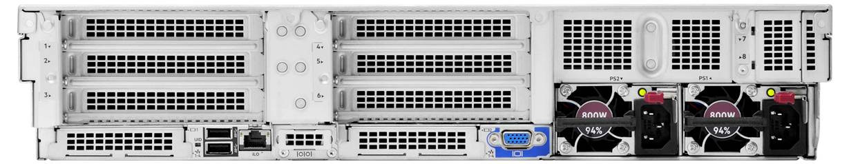 Tylna strona obudowy serwera z różnymi złączami i wentylatorami.