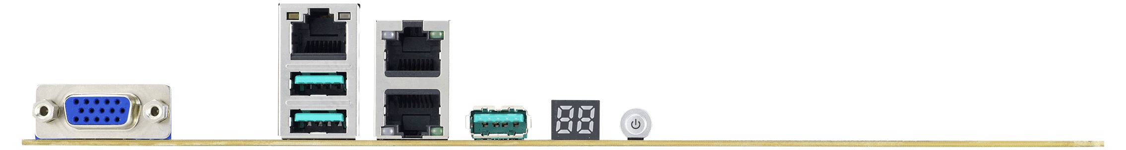 Tylna strona płyty głównej komputera z gniazdem VGA, wieloma portami USB, interfejsami sieciowymi i wyświetlaczem cyfrowym.