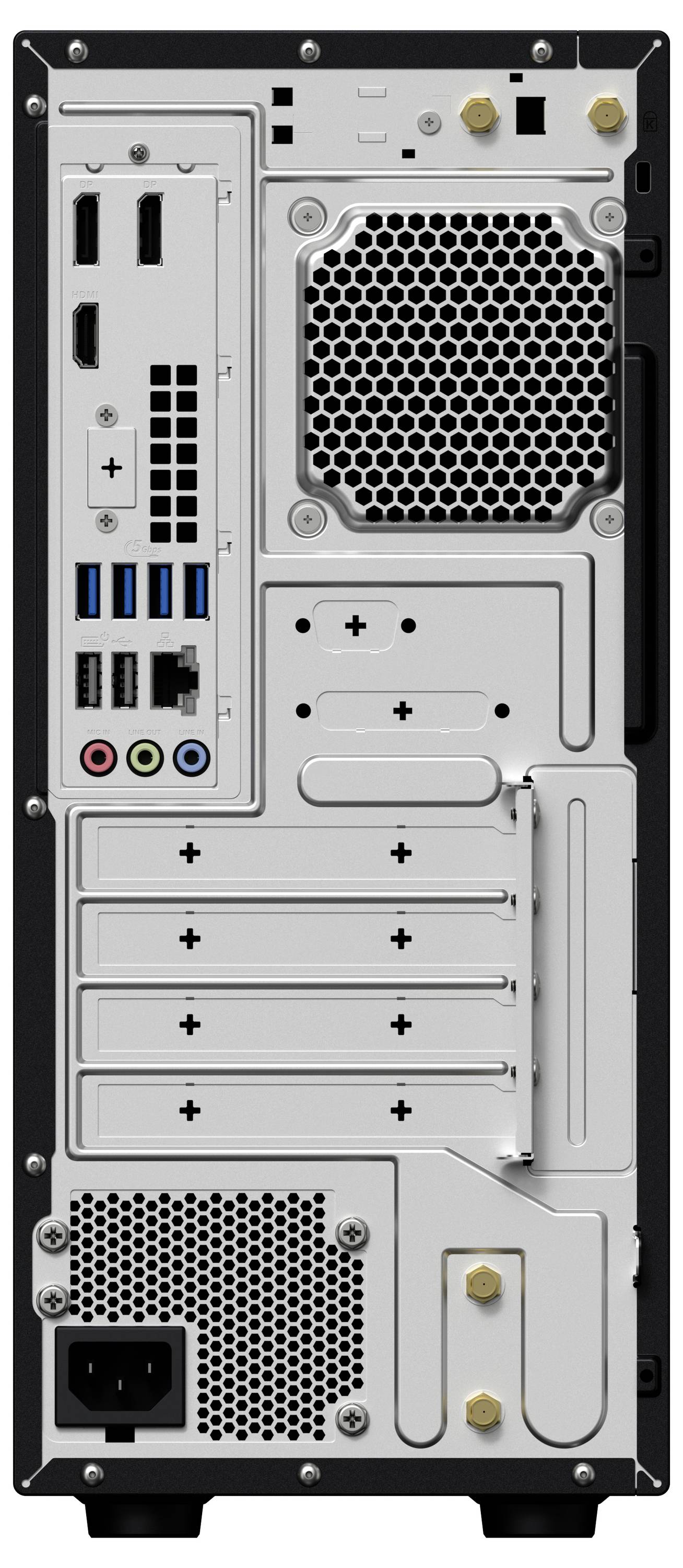 Tylna ściana obudowy komputera z różnymi złączami, takimi jak USB, HDMI i audio, oraz kratkami wentylacyjnymi do chłodzenia.